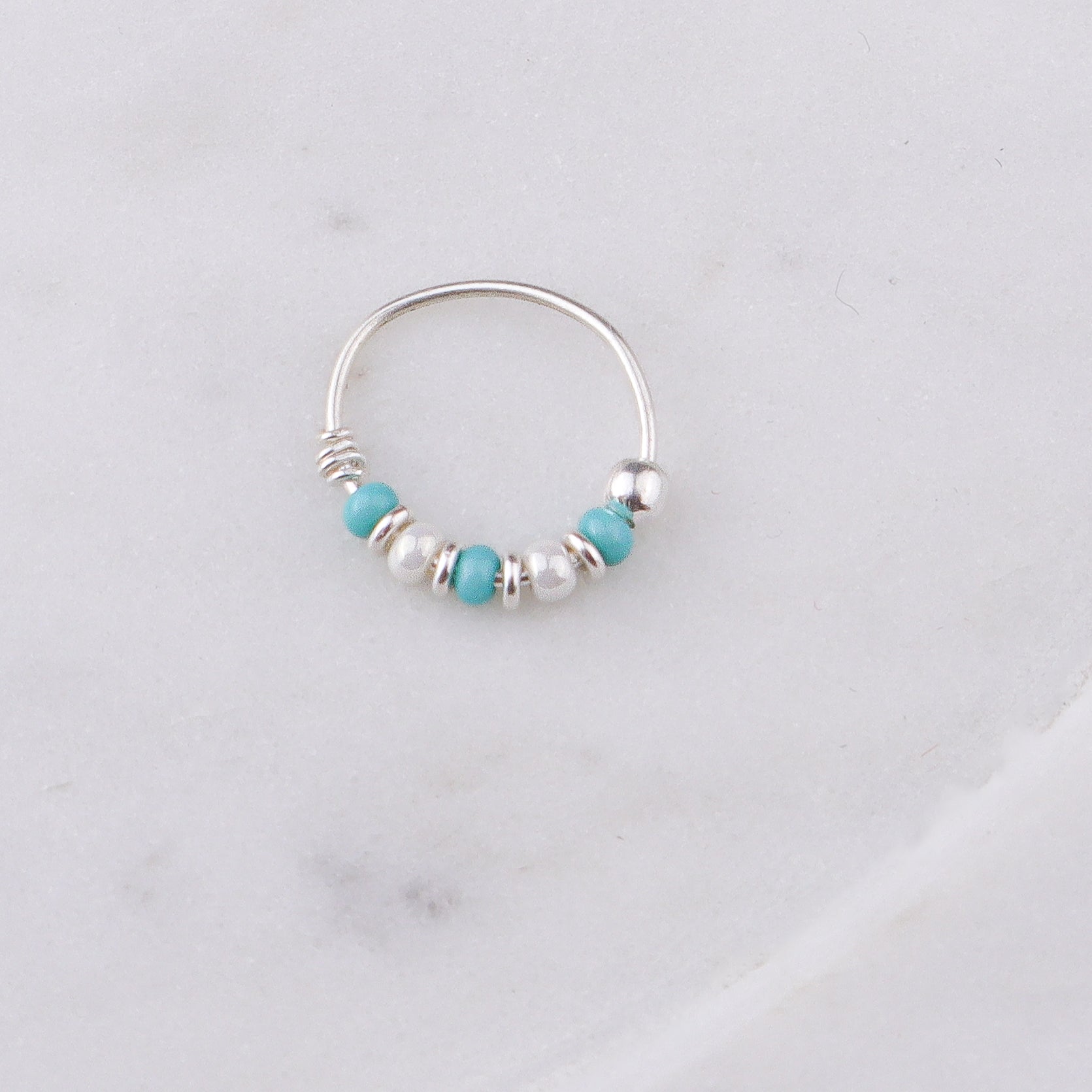 Silver Septum Cum Nose Ring with Blue & White Bead (Pierced)