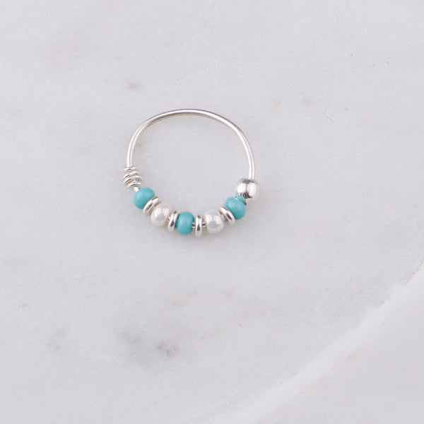 Silver Septum Cum Nose Ring with Blue & White Bead (Pierced)