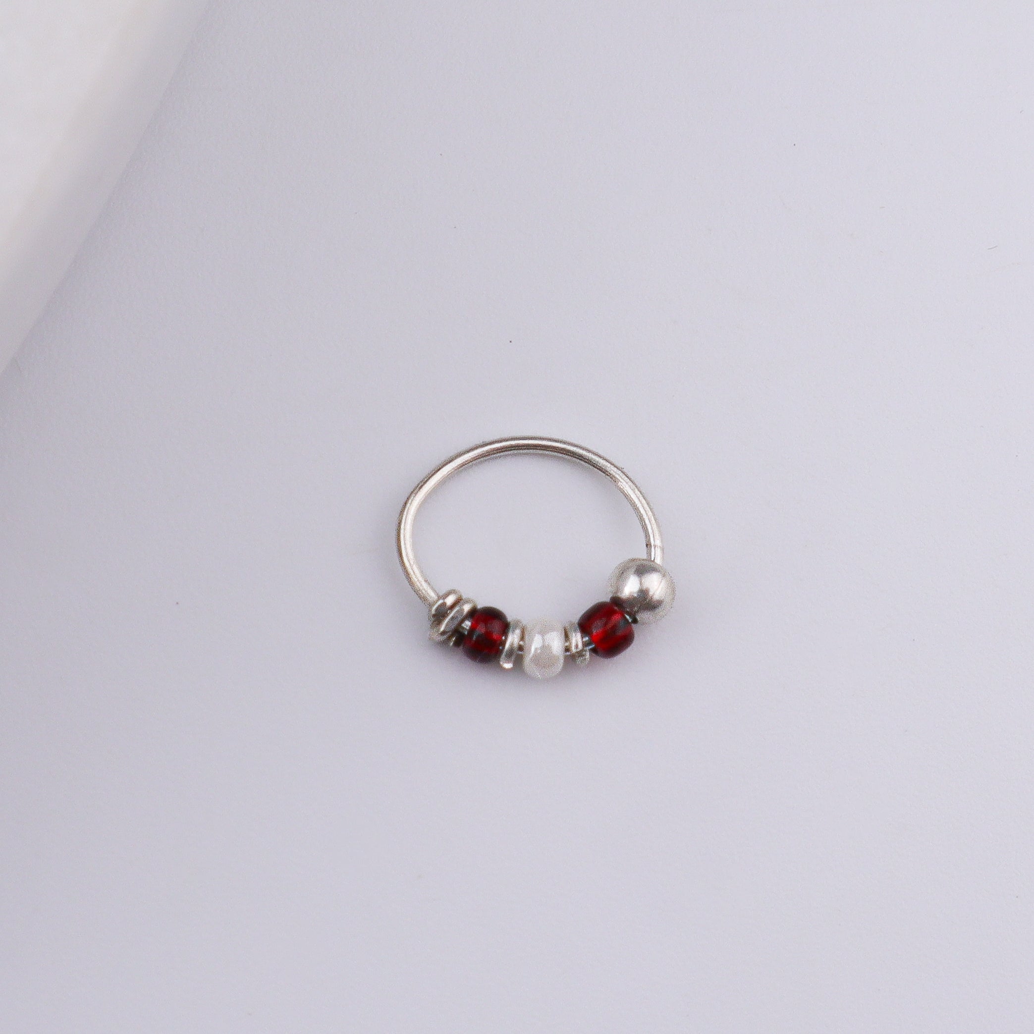 Silver Septum Cum Nose Ring with Red & White Bead (Pierced)