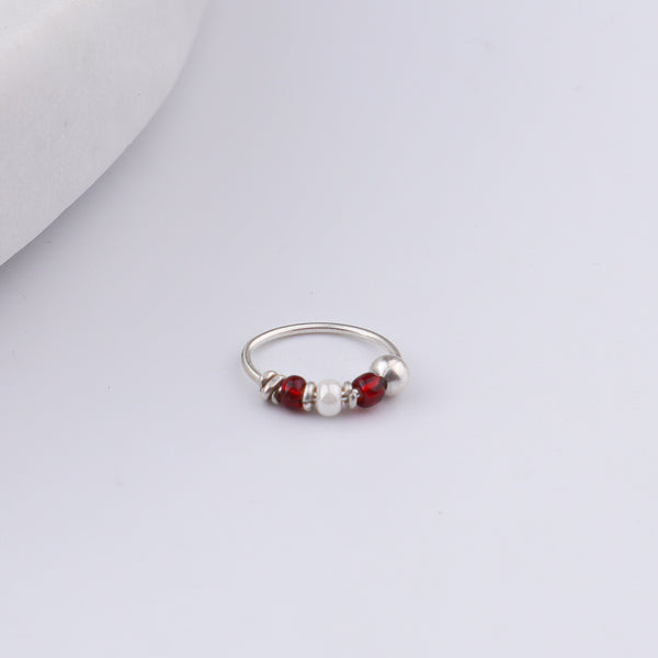 Silver Septum Cum Nose Ring with Red & White Bead (Pierced)