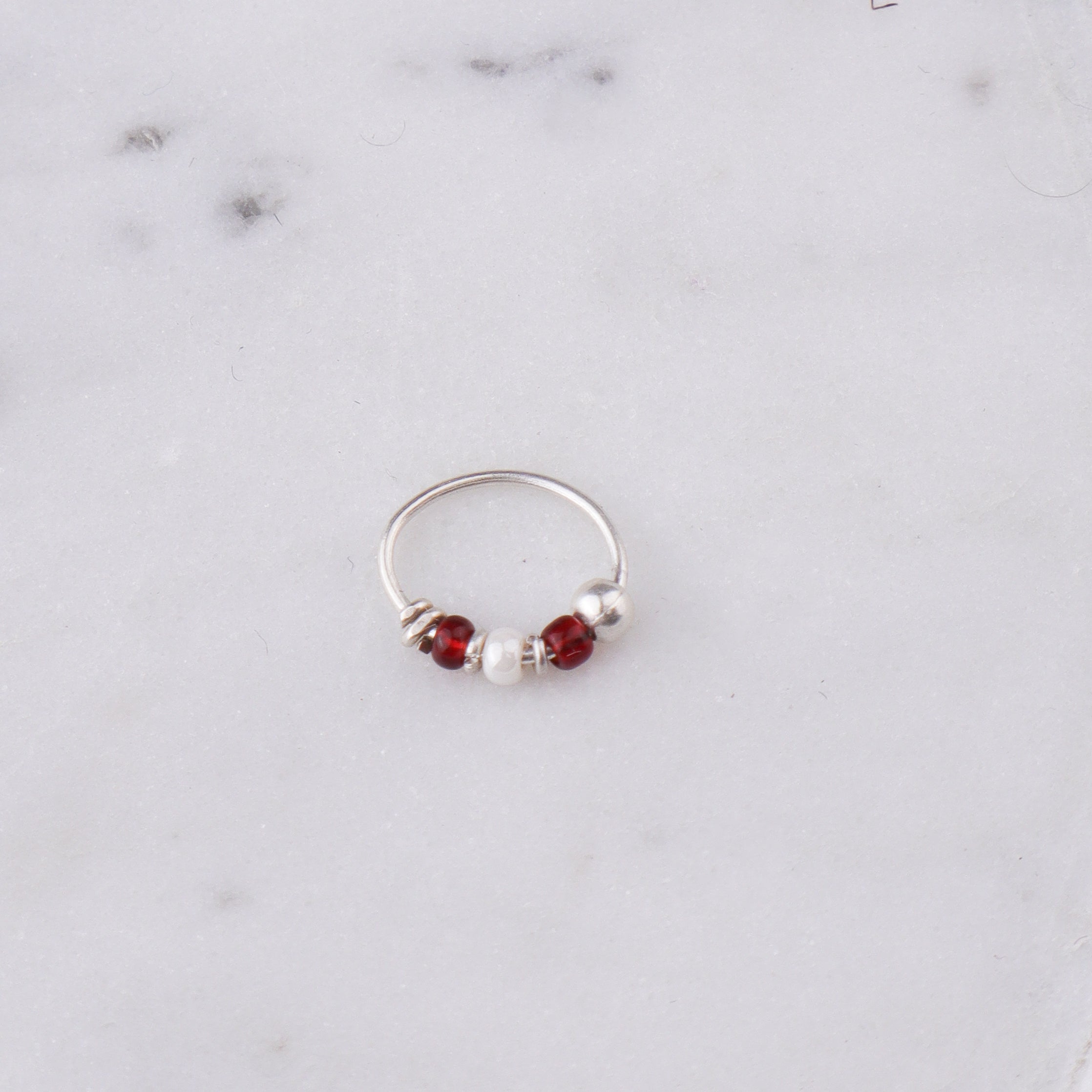 Silver Septum Cum Nose Ring with Red & White Bead (Pierced)