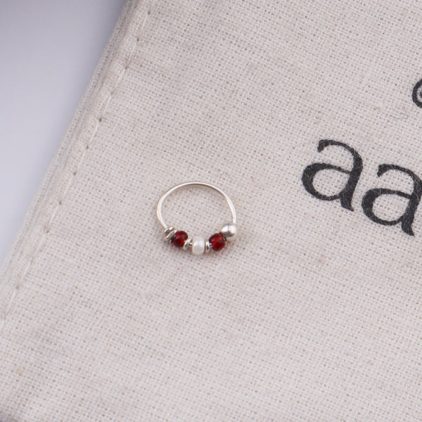 Silver Septum Cum Nose Ring with Red & White Bead (Pierced)