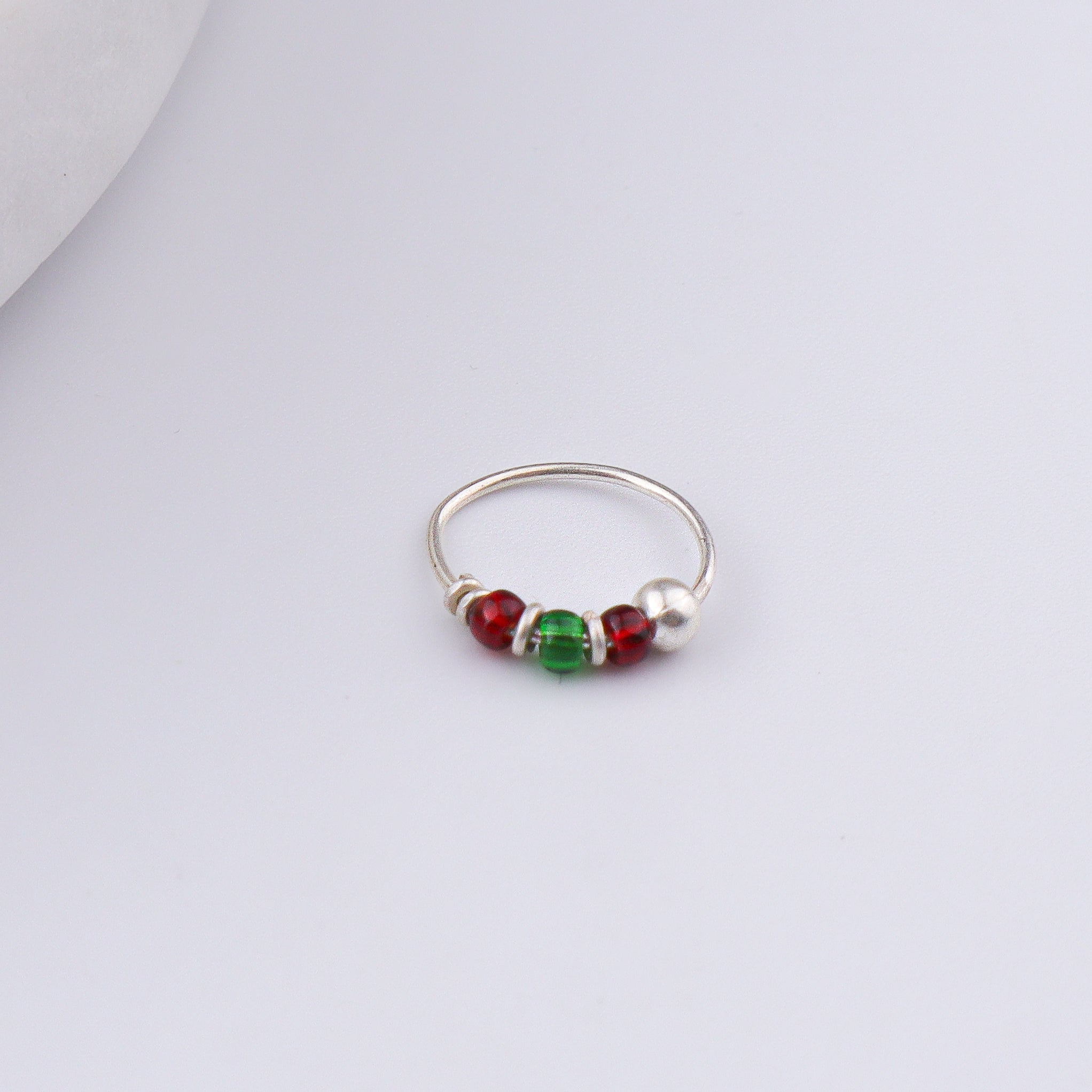 Silver Septum Cum Nose Ring with Green & Red Bead (Pierced)