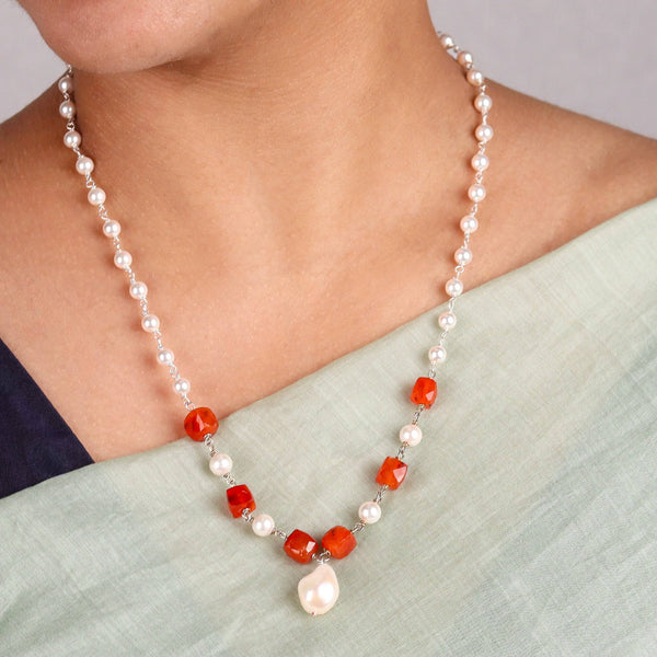 Close-up of Pearl Ganthan Necklace with semiprecious stone detail