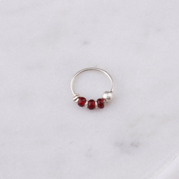 Silver Septum Cum Nose Ring with Red Bead (Pierced)