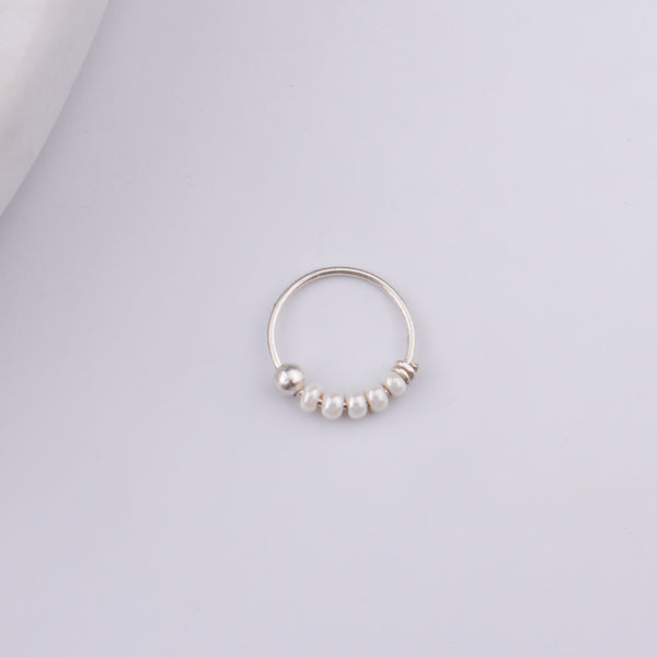 Silver Septum Cum Nose Ring with White Bead (Pierced)