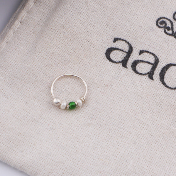 Silver Septum Cum Nose Ring with Green & White Bead (Pierced)