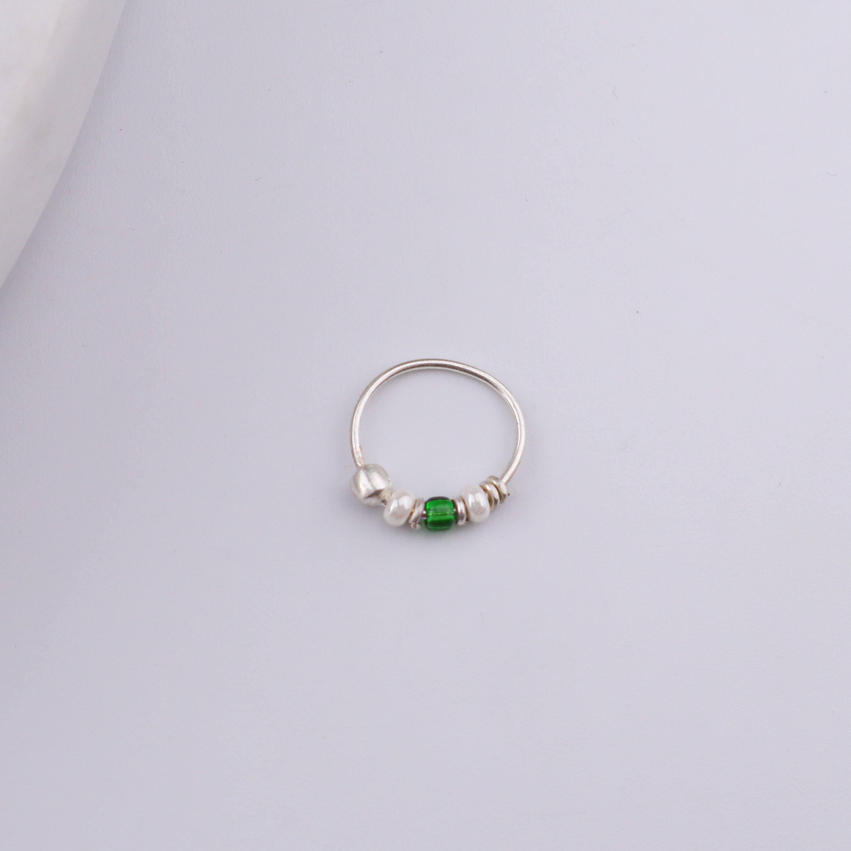 Silver Septum Cum Nose Ring with Green & White Bead (Pierced)