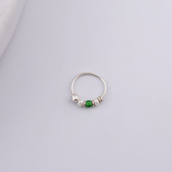 Silver Septum Cum Nose Ring with Green & White Bead (Pierced)