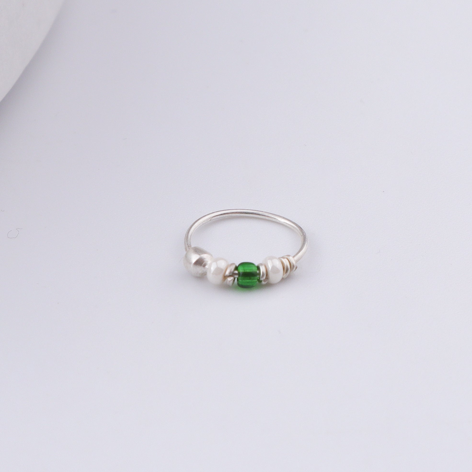 Silver Septum Cum Nose Ring with Green & White Bead (Pierced)
