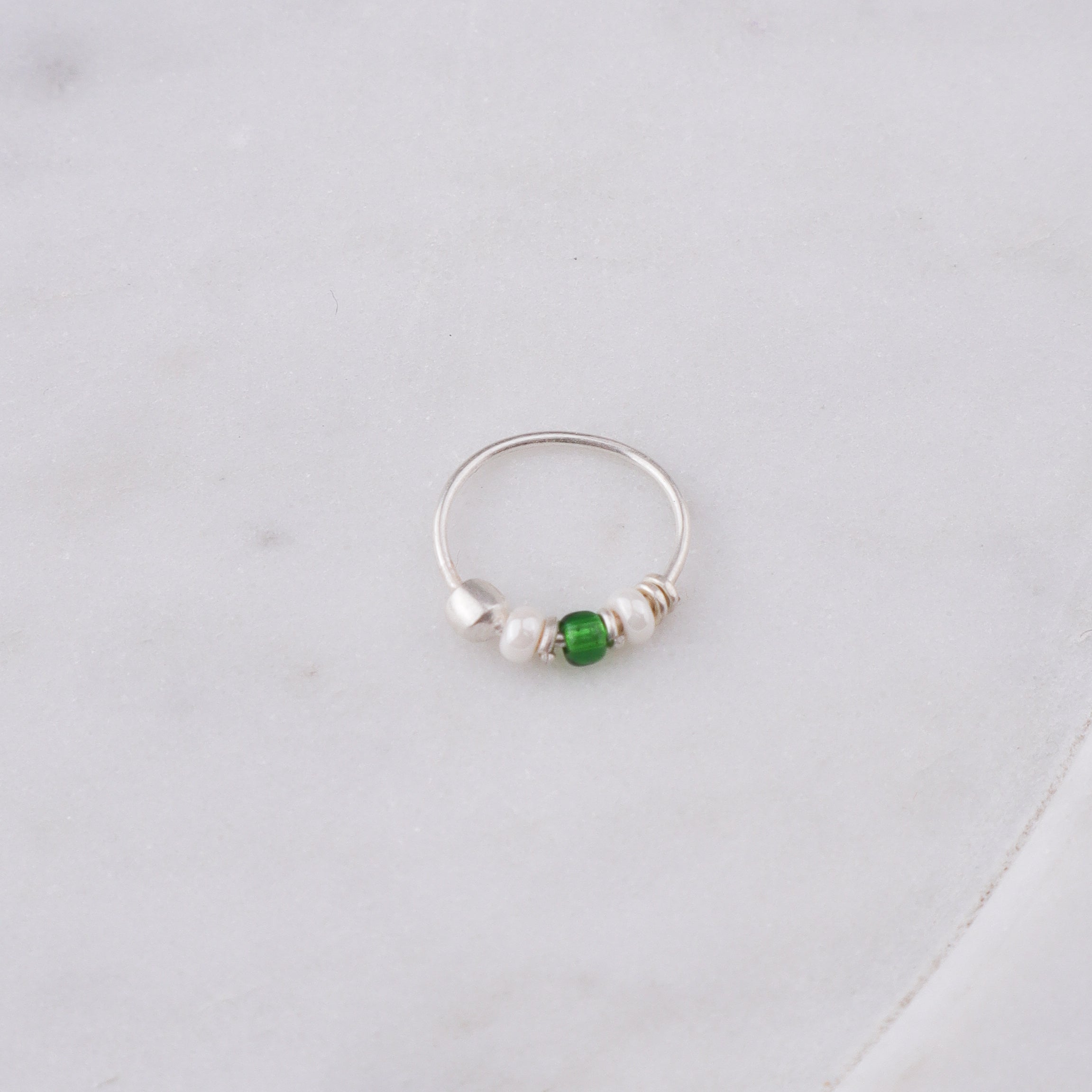 Silver Septum Cum Nose Ring with Green & White Bead (Pierced)