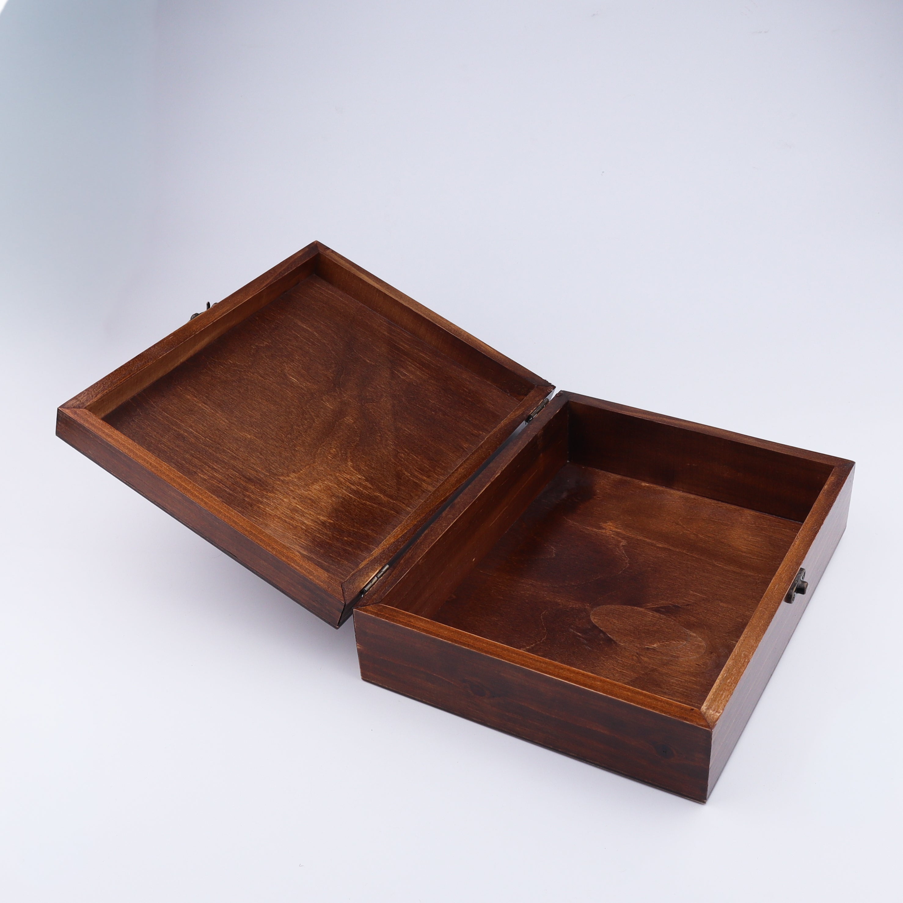 Open wooden jewelry storage box