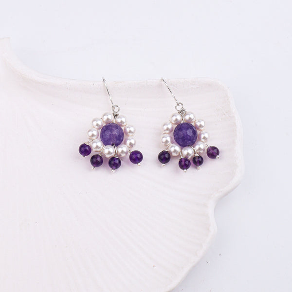 Purple Agate, Amethyst & Pearl Silver Earrings (Project Handmade)
