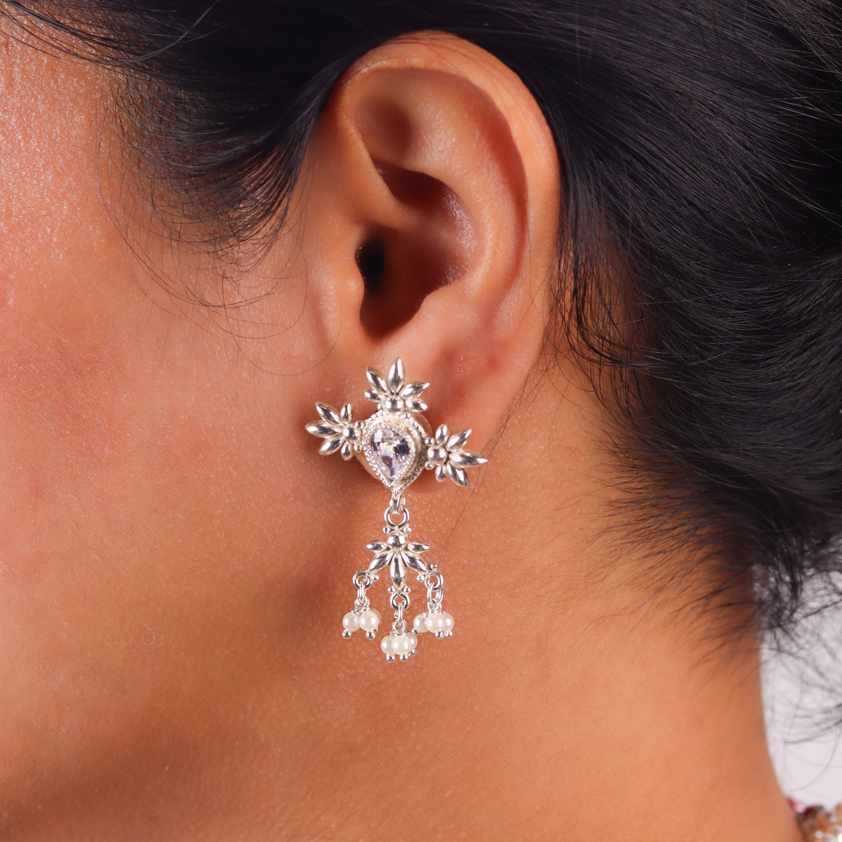 Silver CZ Flower Tanmani Set with Pearls