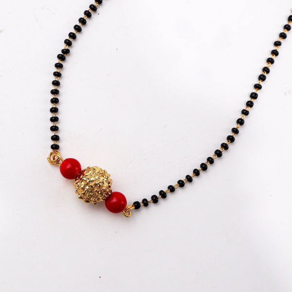 Angled view of 22K gold-plated fashion mangalsutra highlighting its elegant structure, unique design, and polished gold finish