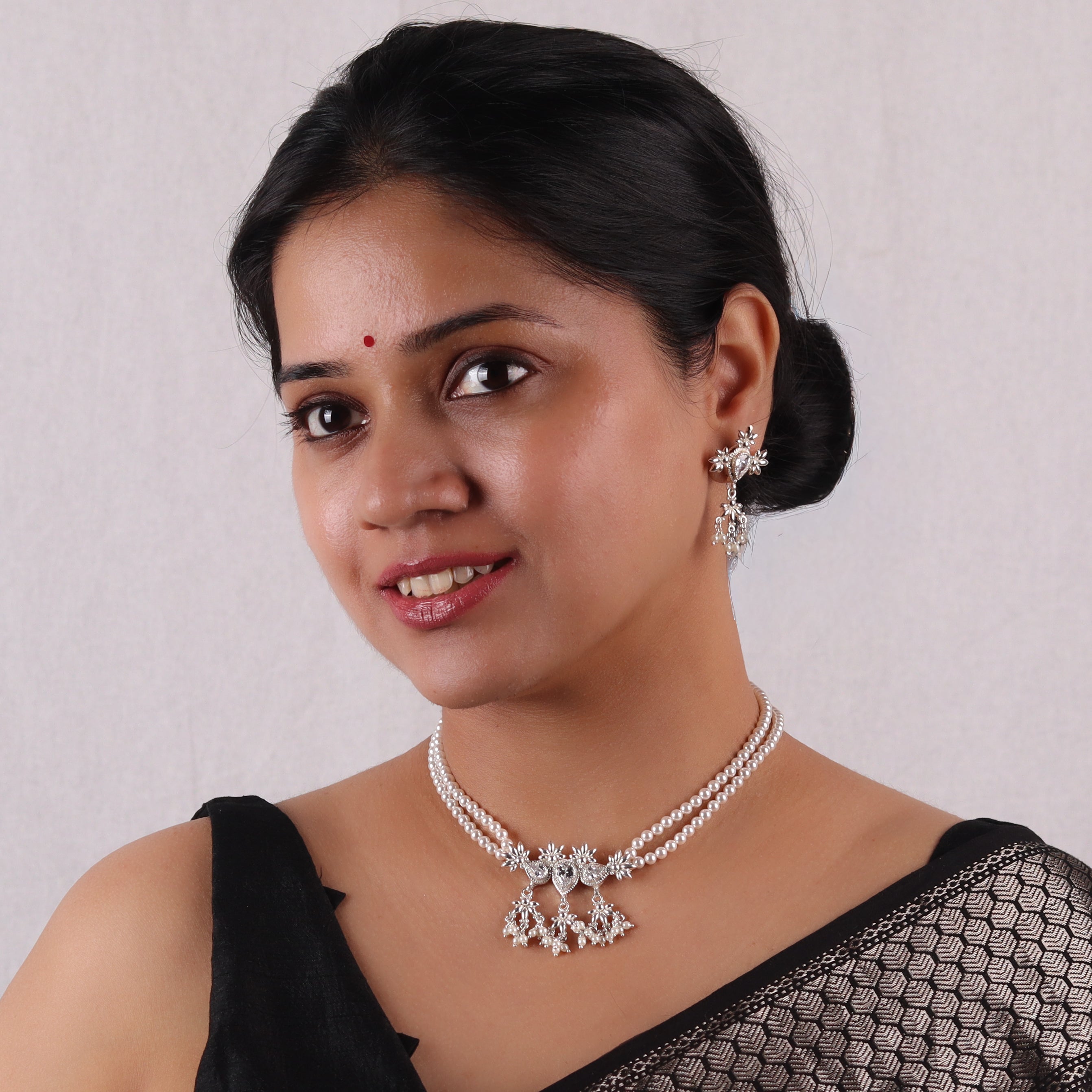 Silver CZ Flower Tanmani Set with Pearls (3 Leaf)