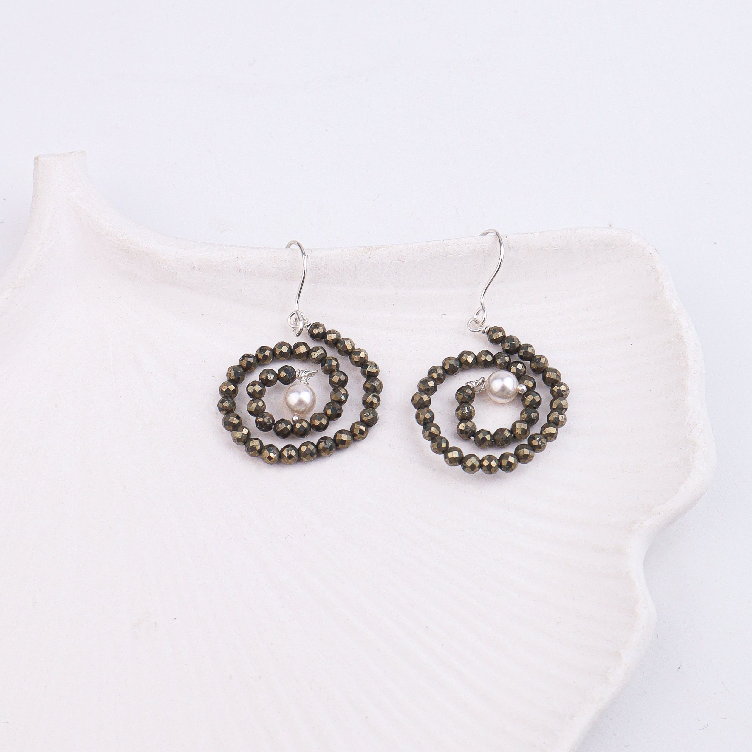 Pyrite & Pearl Silver Earrings (Project Handmade)