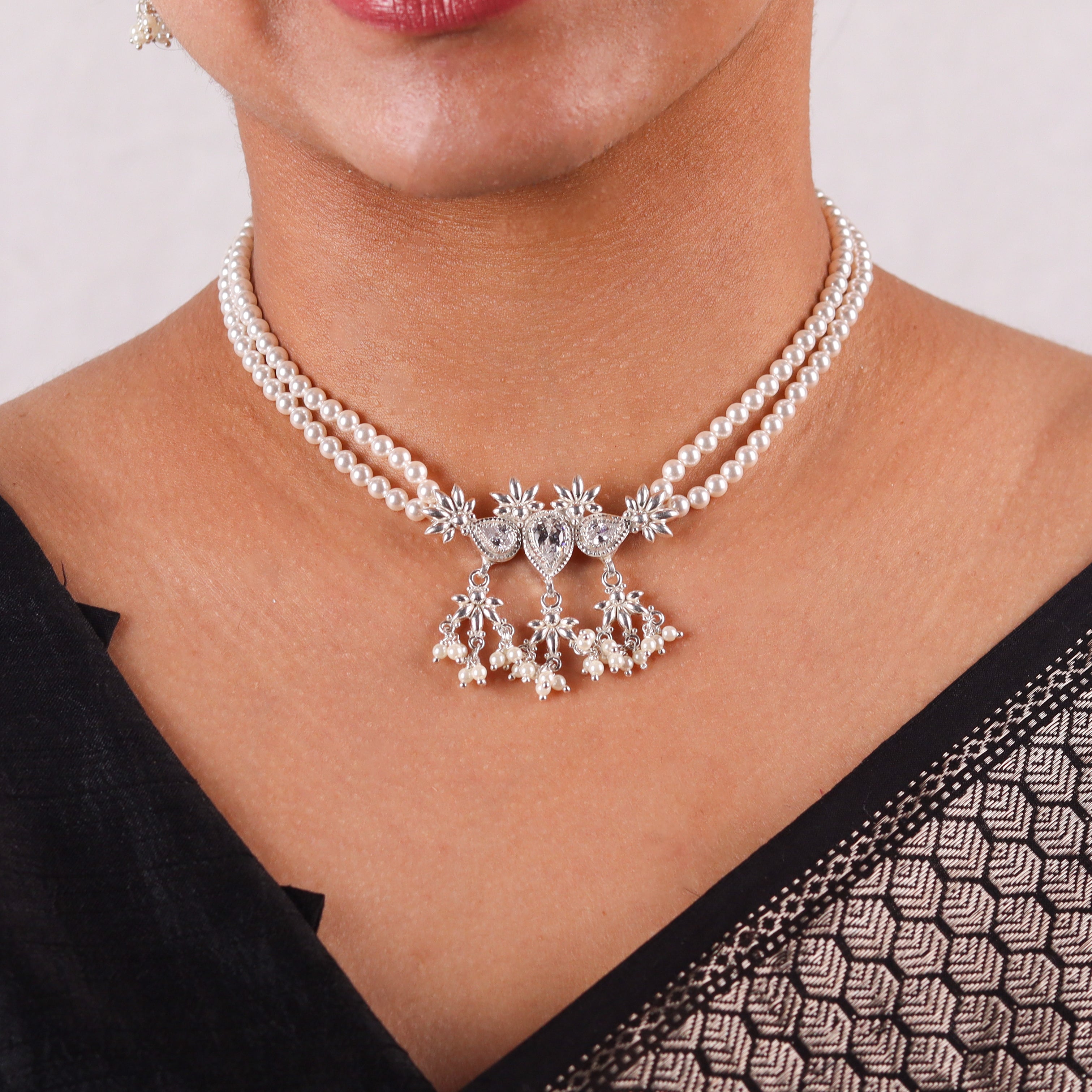 Silver CZ Flower Tanmani Set with Pearls (3 Leaf)