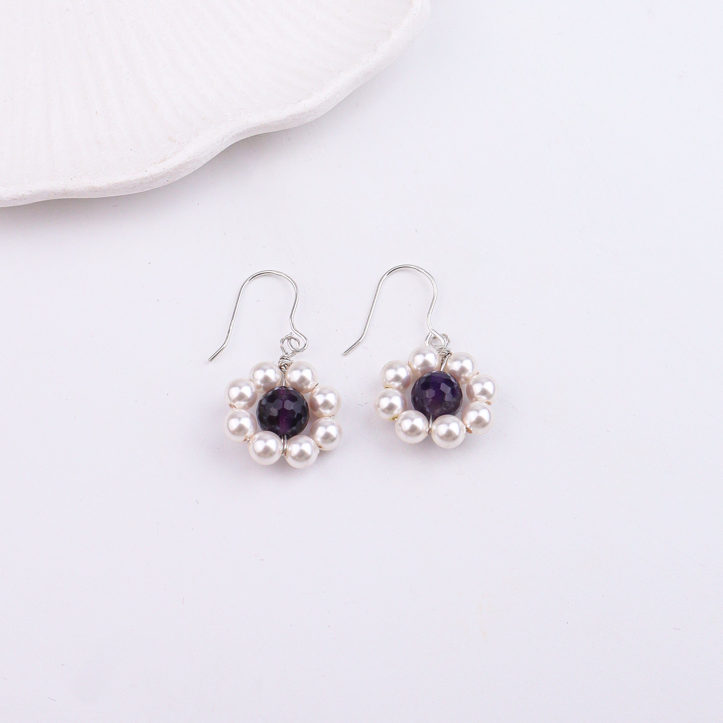 Purple Agate & Pearl Silver Earrings (Project Handmade)