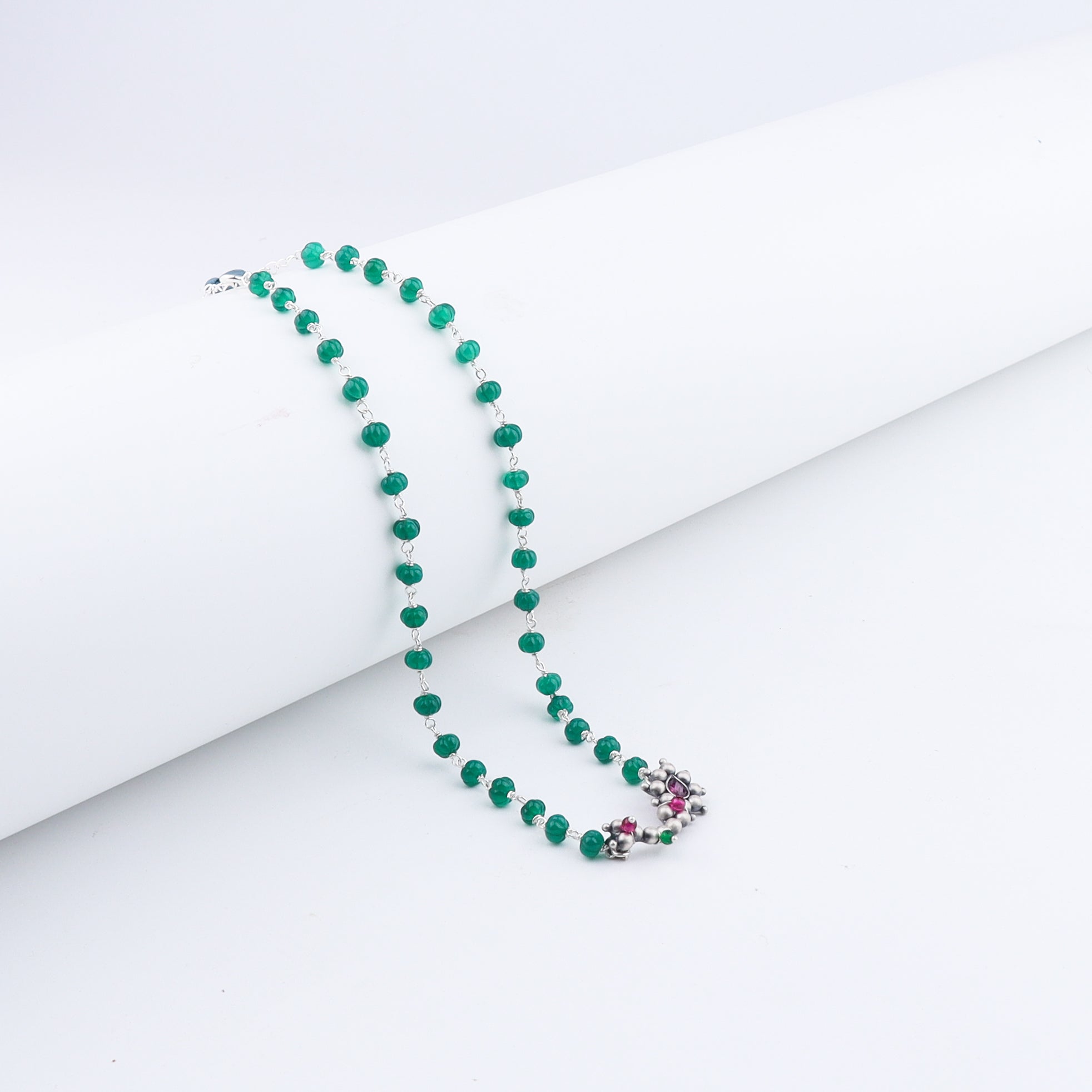 Silver Nath Motif Necklace with Green Onyx Stones