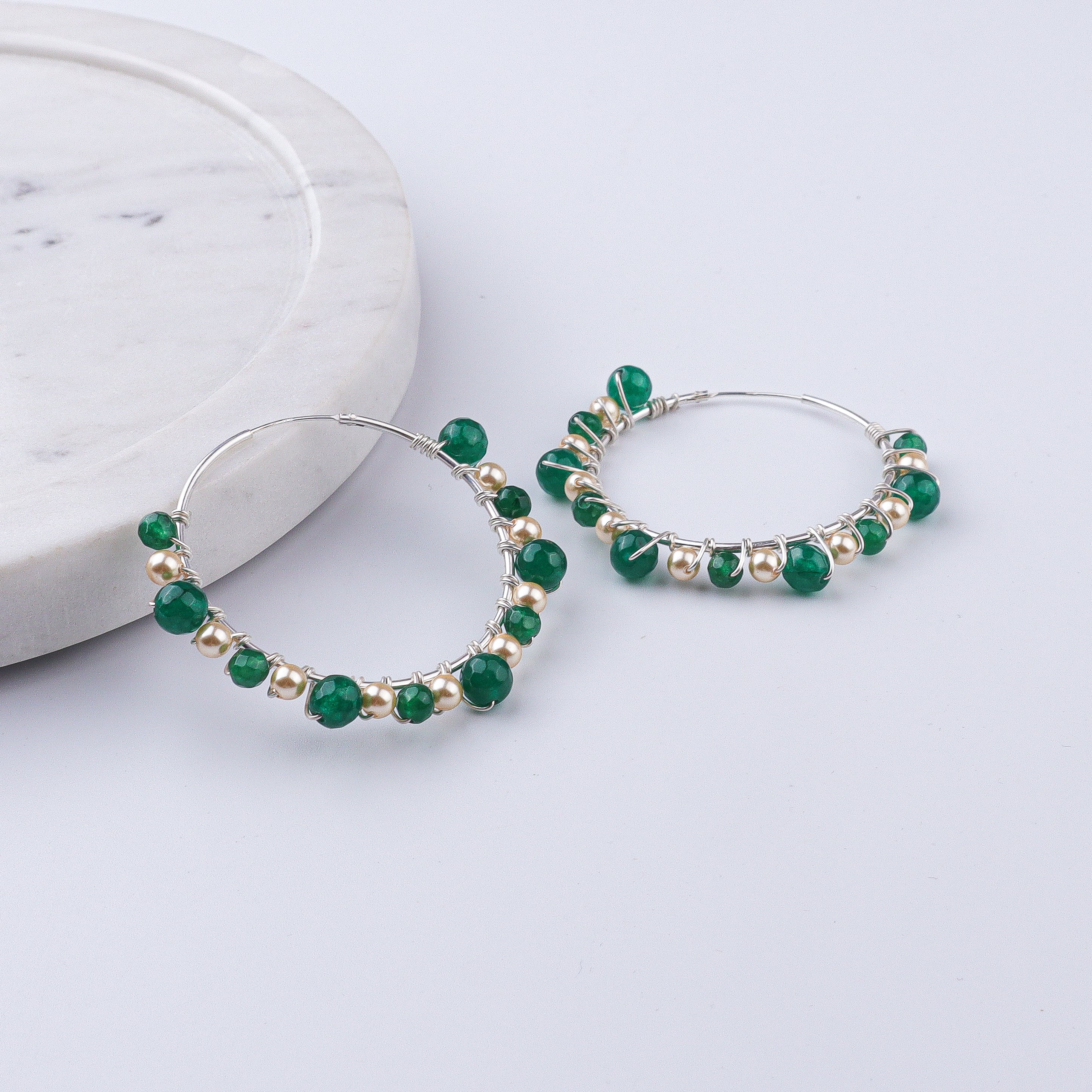 Green Onyx & Golden Pearl Wrap Hoops (Project Handmade)