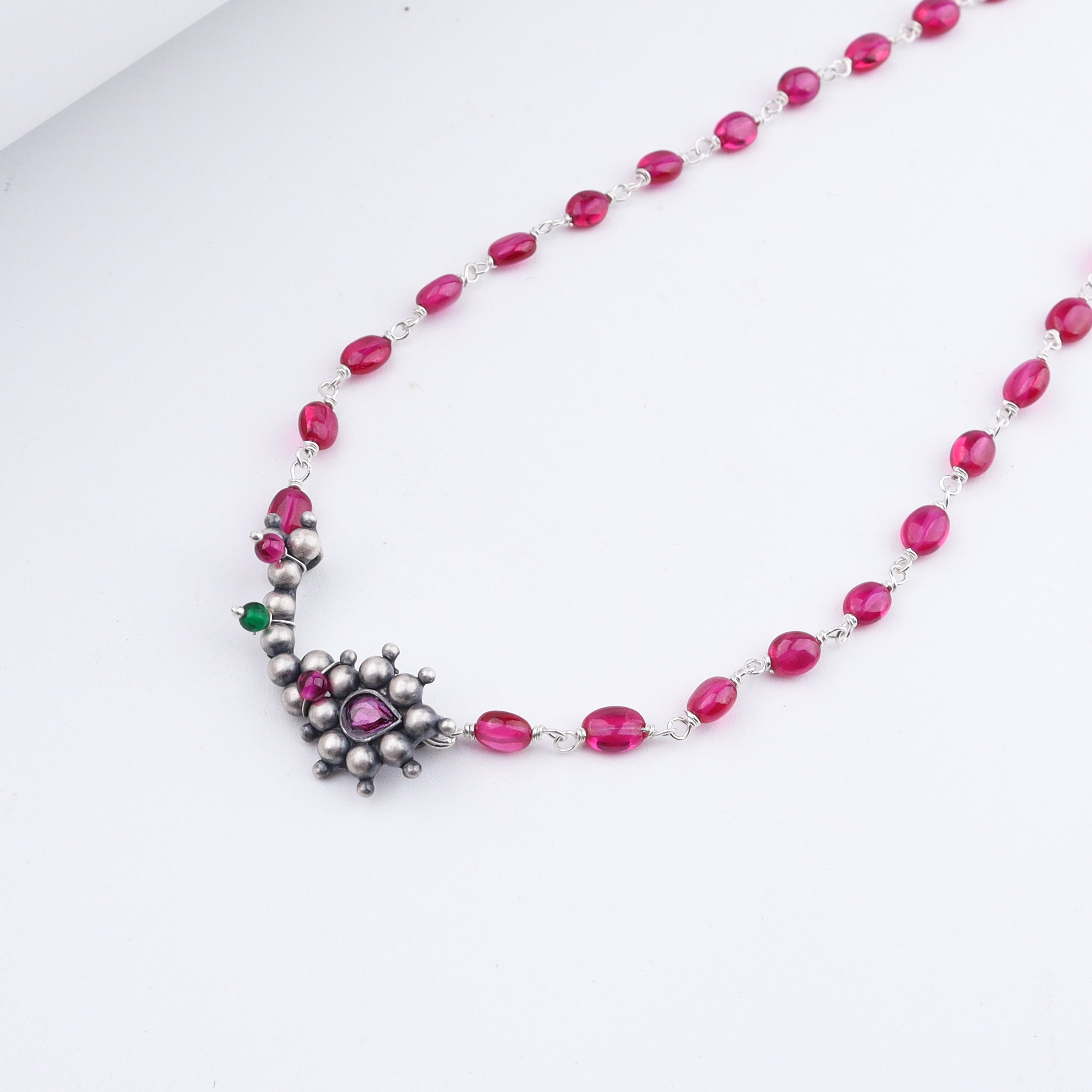 Silver Nath Motif Necklace with Ruby Stones