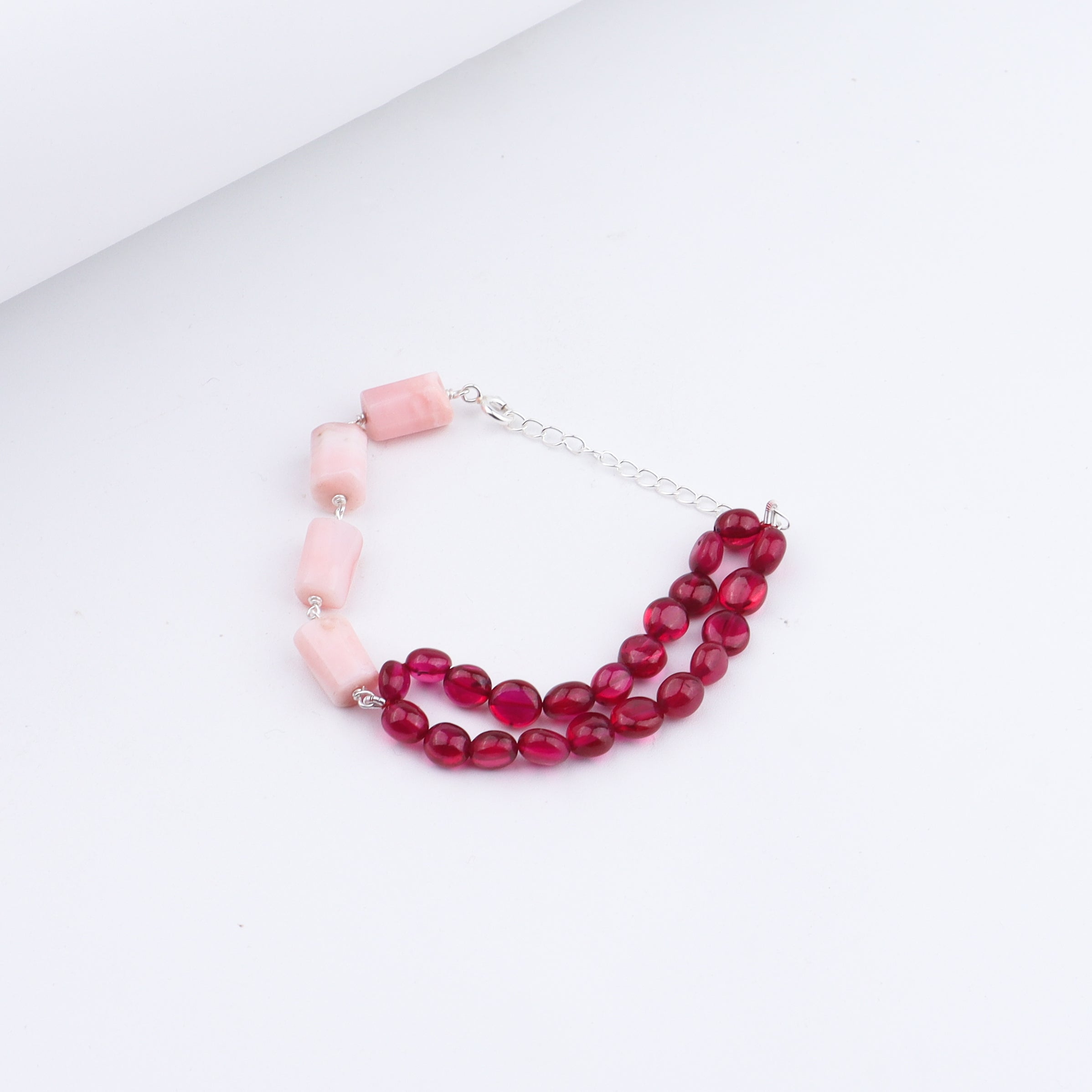 Pink Opal & Ruby Stones Half & Half Silver Bracelet