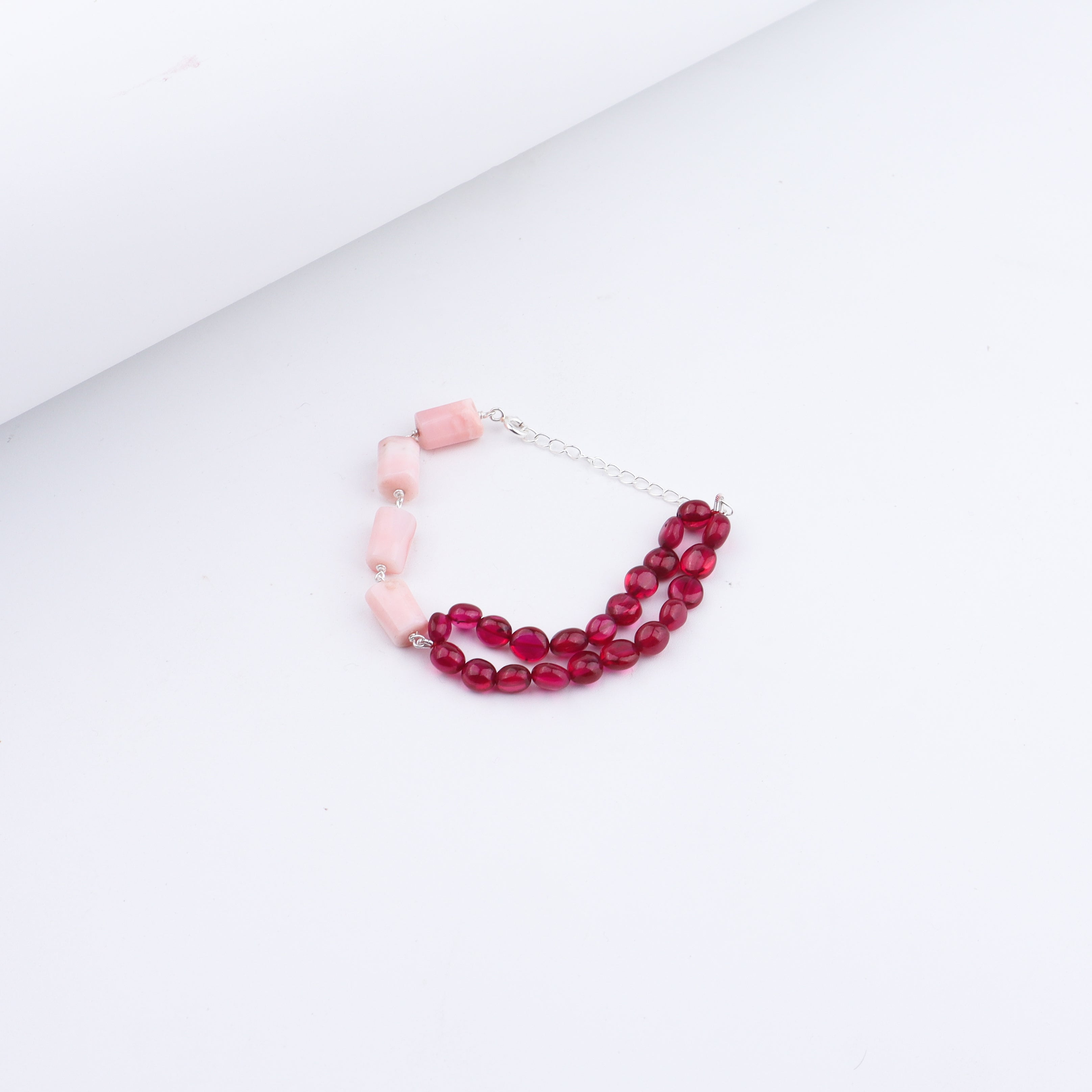 Pink Opal & Ruby Stones Half & Half Silver Bracelet