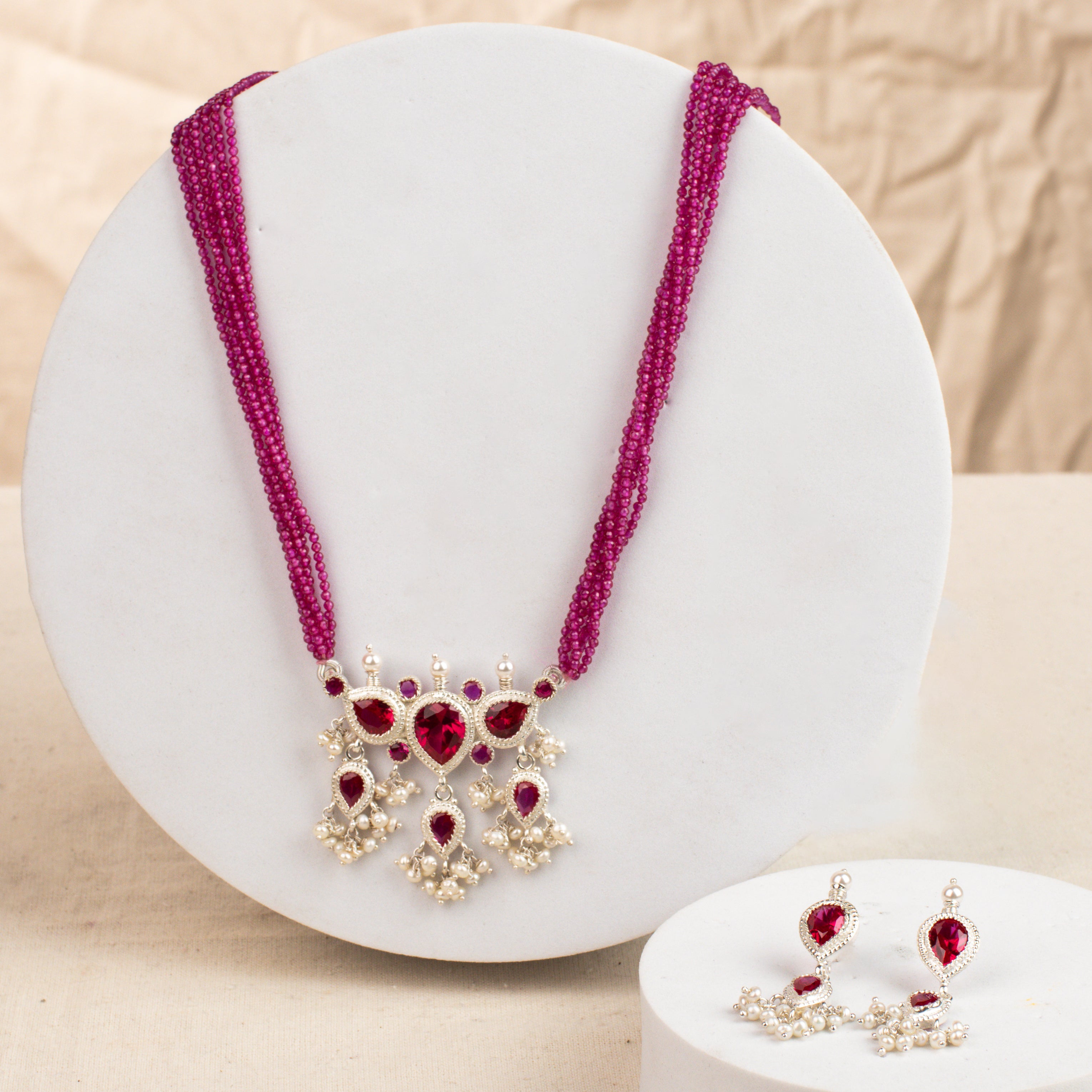 Pink CZ Tanmani Set with Lab Made Ruby Stones