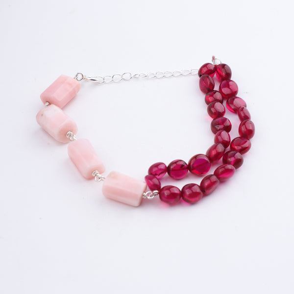 Woman styling Pink Opal & Ruby Stones Half & Half Silver Bracelet