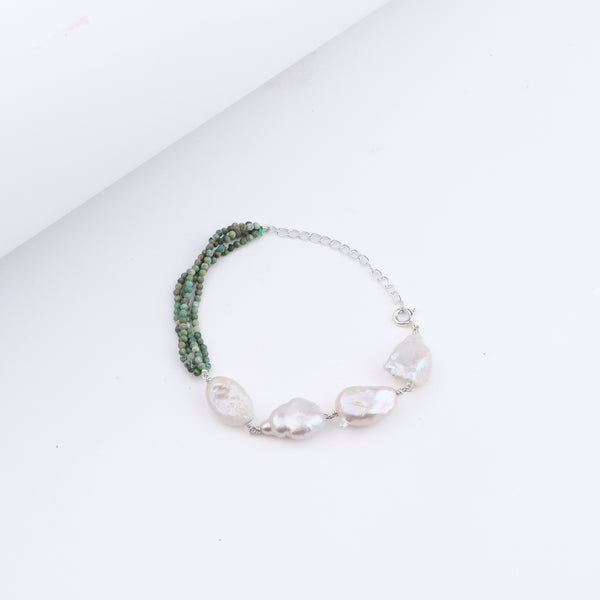 Model wearing Firoza & Freshwater Pearls Half & Half Silver Bracelet