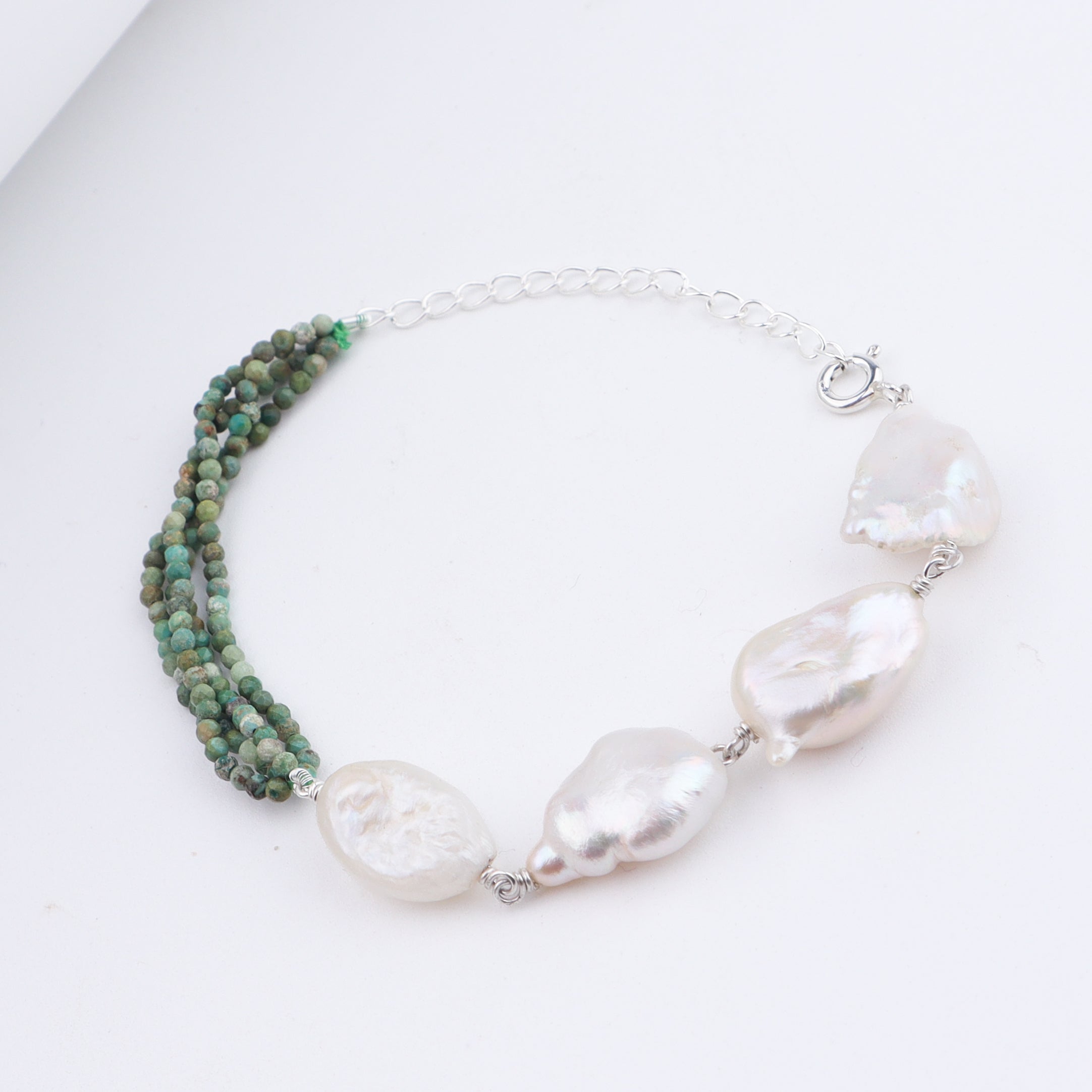 Firoza & Freshwater Pearls Half & Half Silver Bracelet