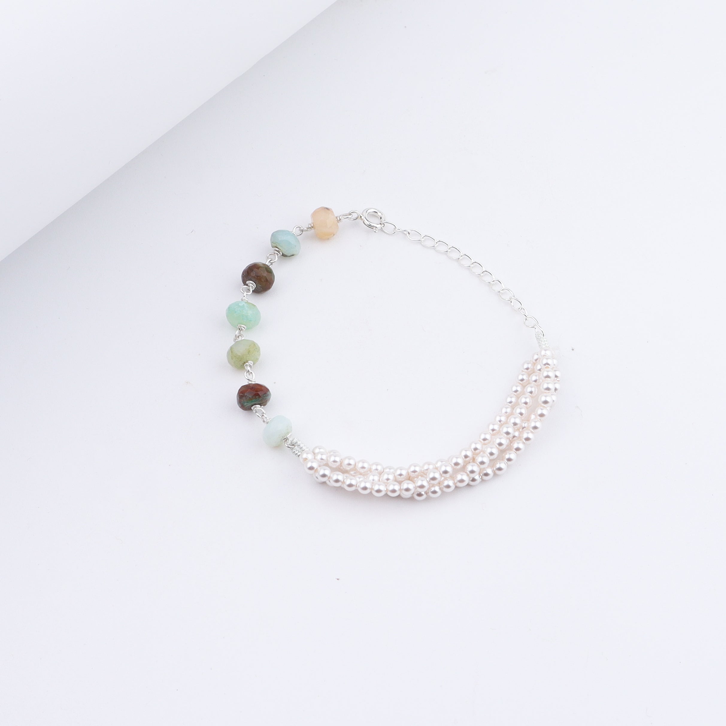 Blue Opal & Pearls Half & Half Silver Bracelet