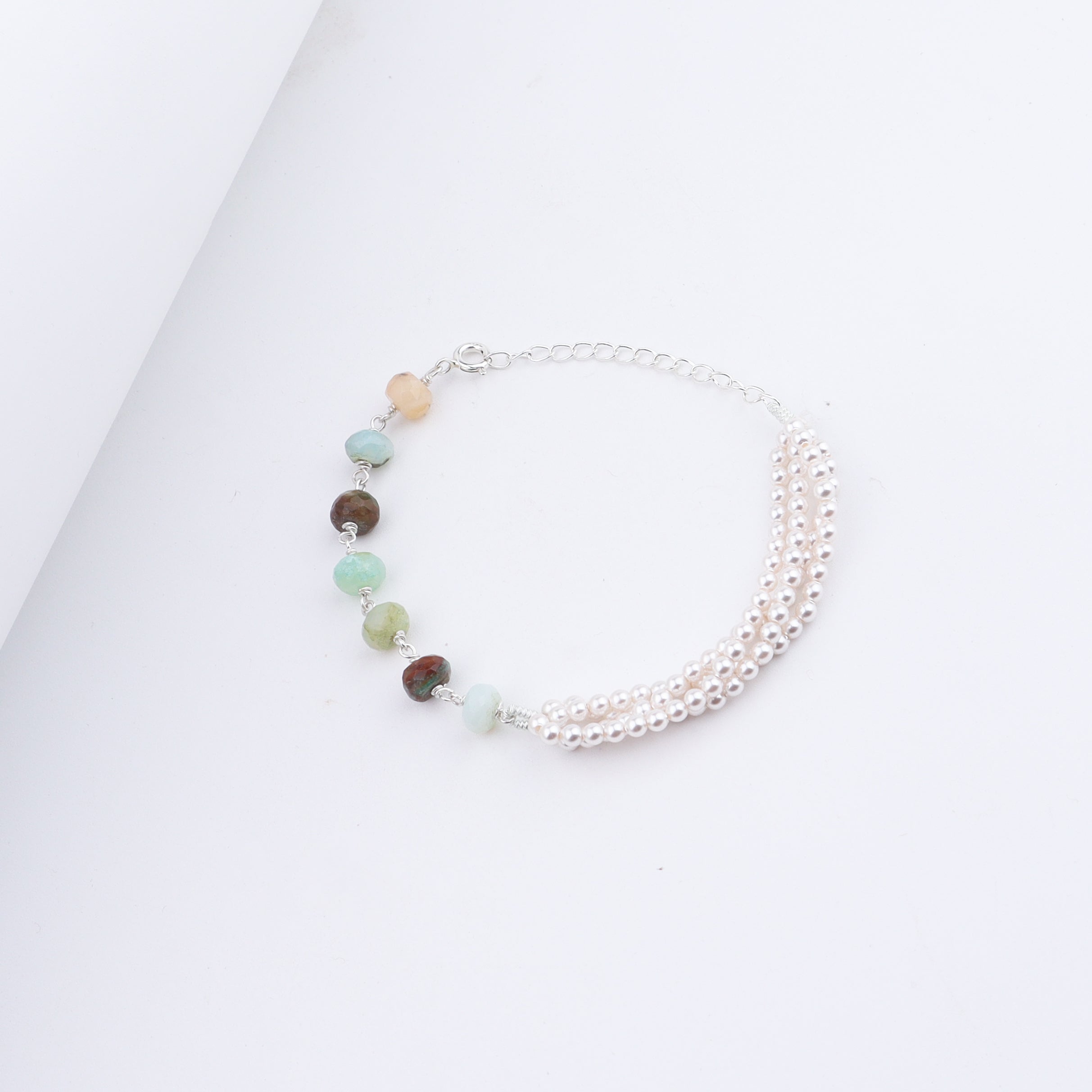 Blue Opal & Pearls Half & Half Silver Bracelet