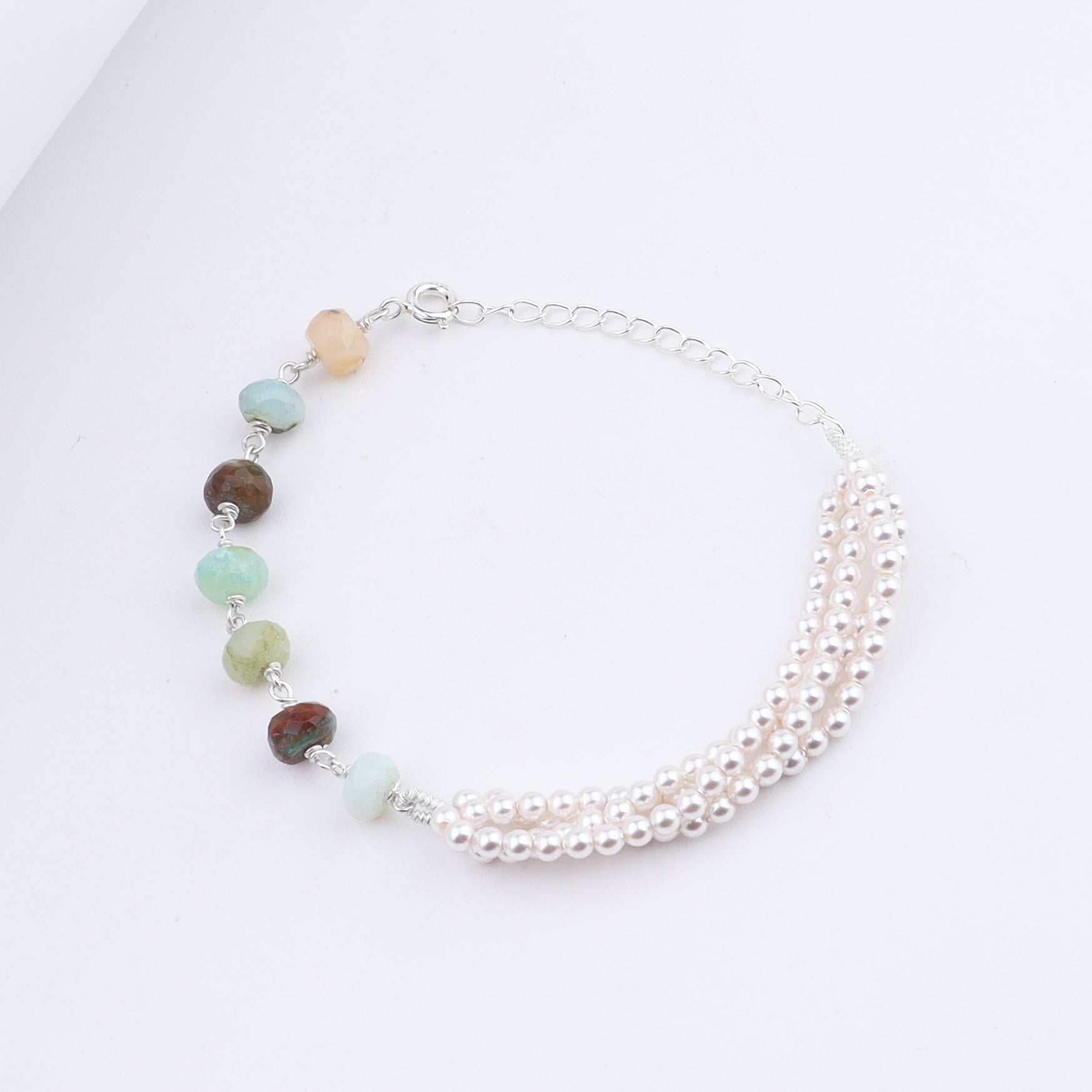 Blue Opal & Pearls Half & Half Silver Bracelet