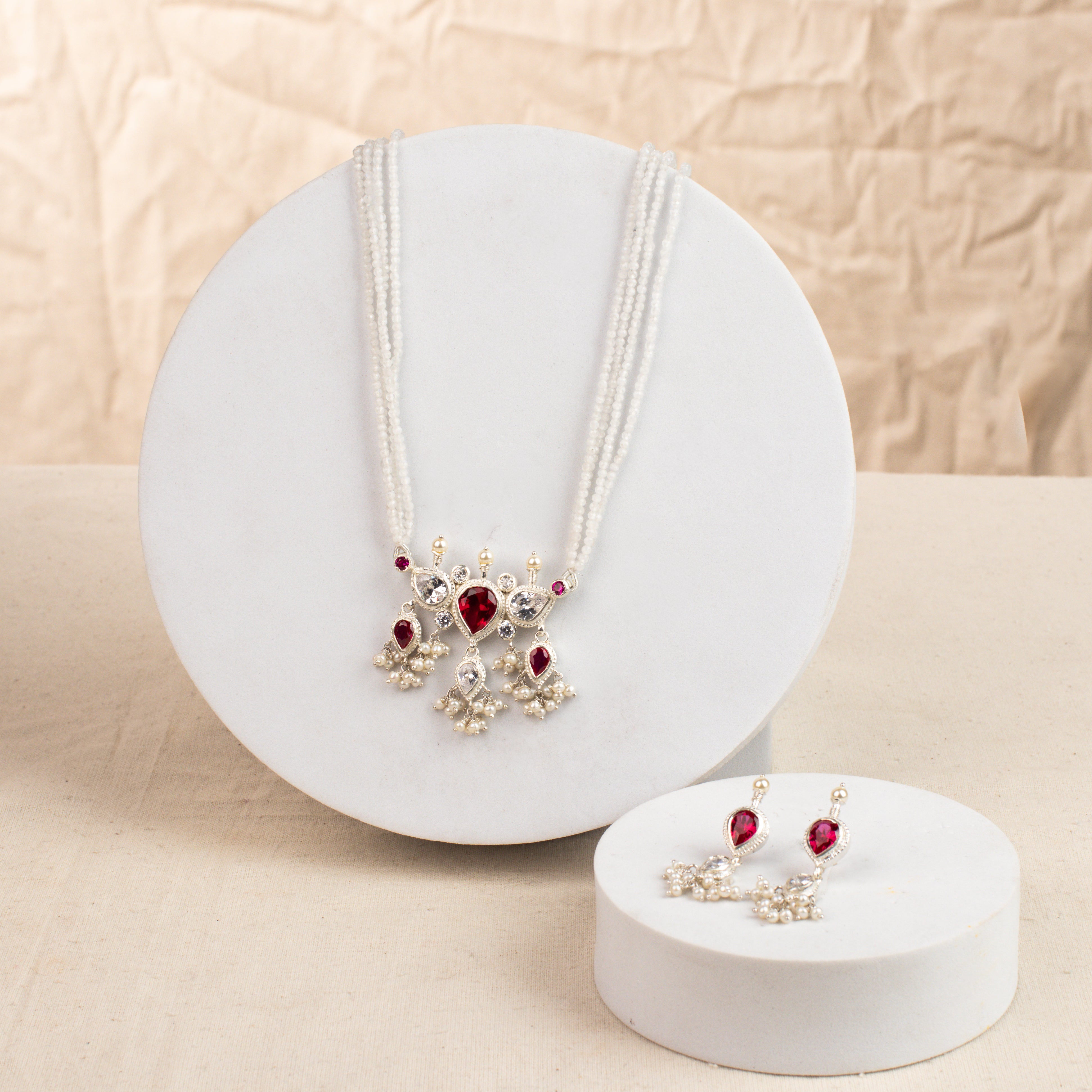Pink & White Tanmani Set with Moonstones