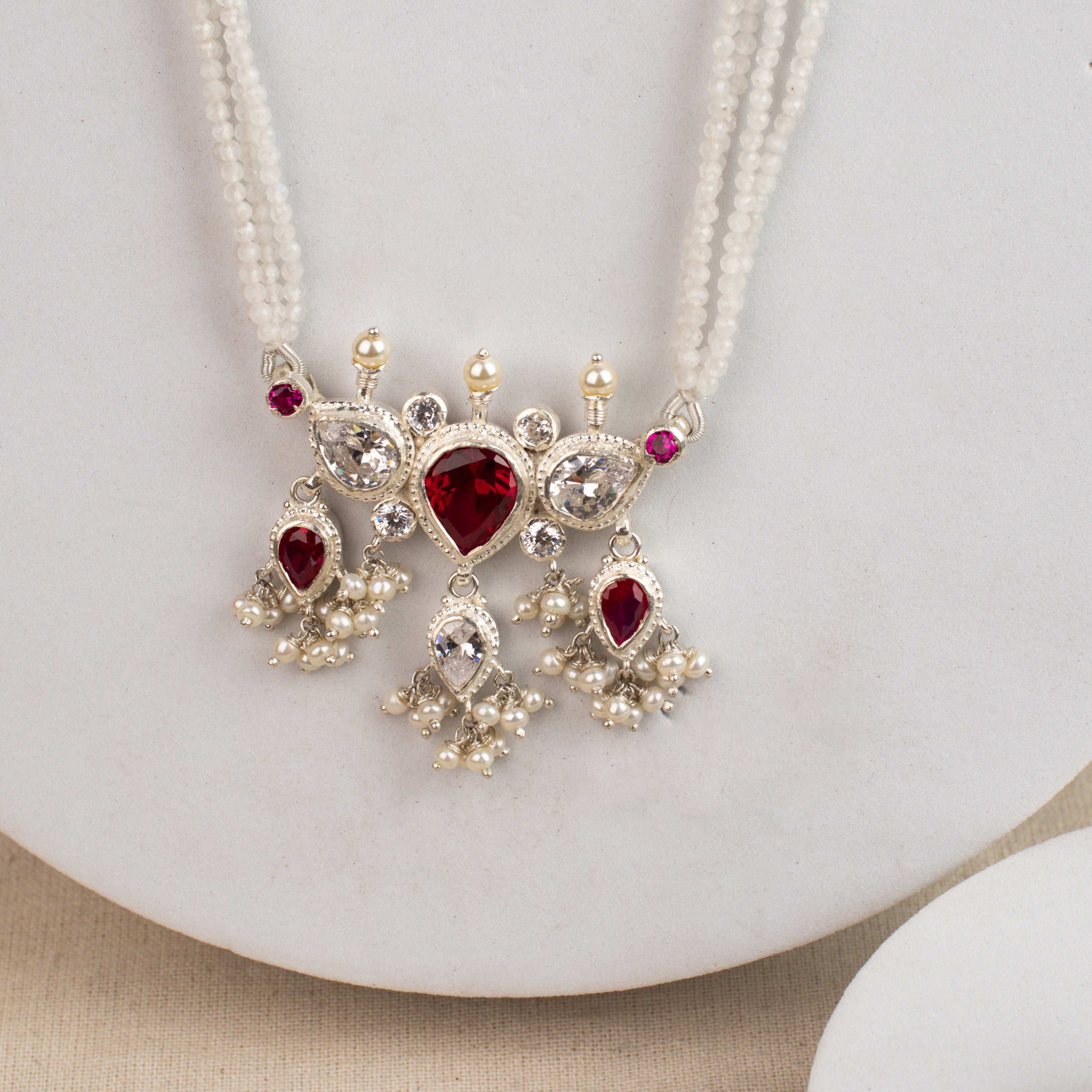 Pink & White Tanmani Set with Moonstones