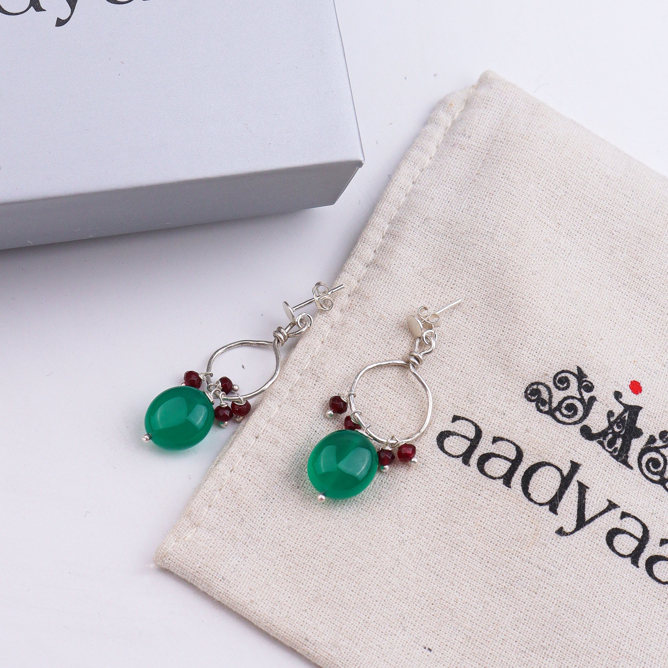 Green Onyx & Garnet Silver Earrings (Project Handmade)