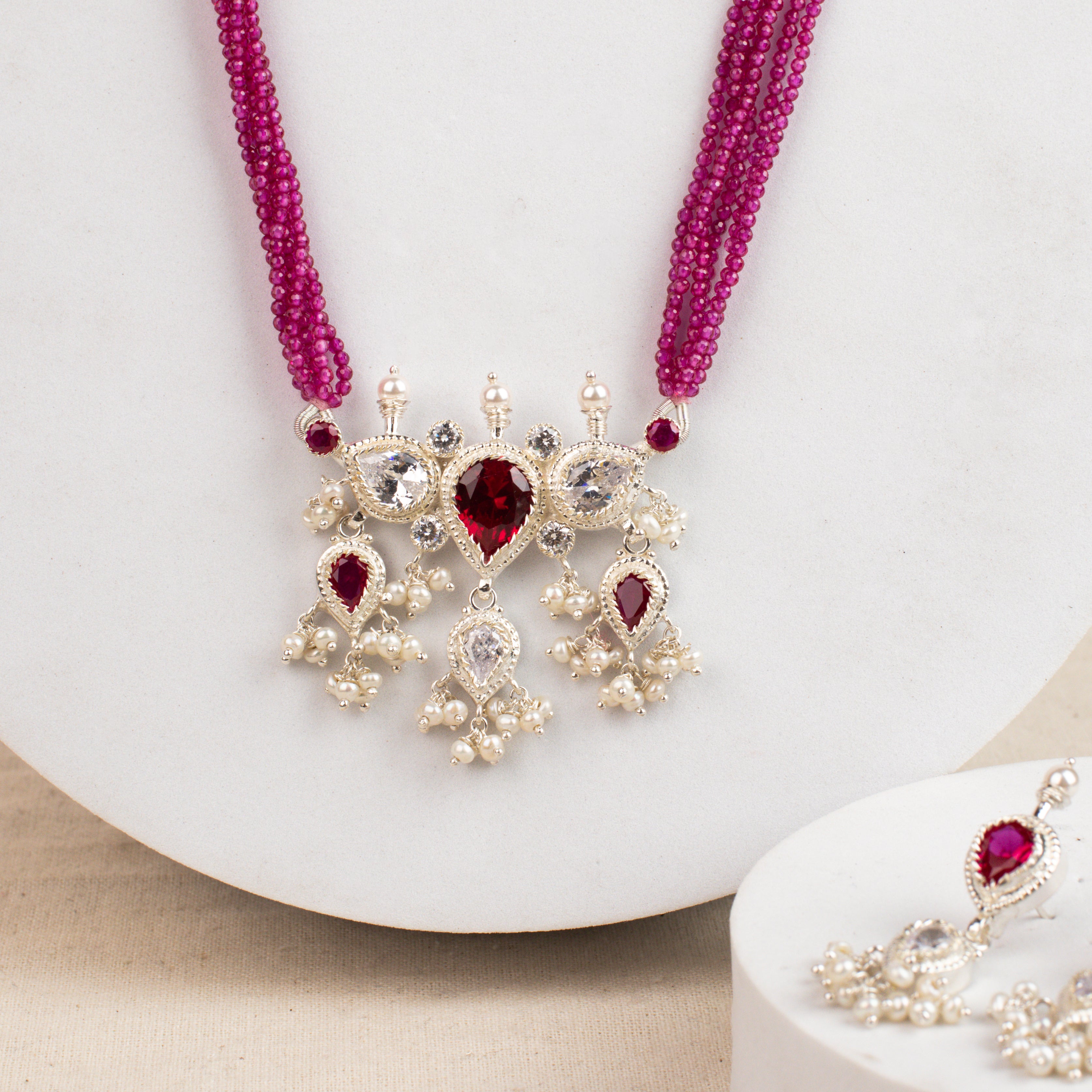 Pink & White Tanmani Set with Lab-Made Ruby Stones