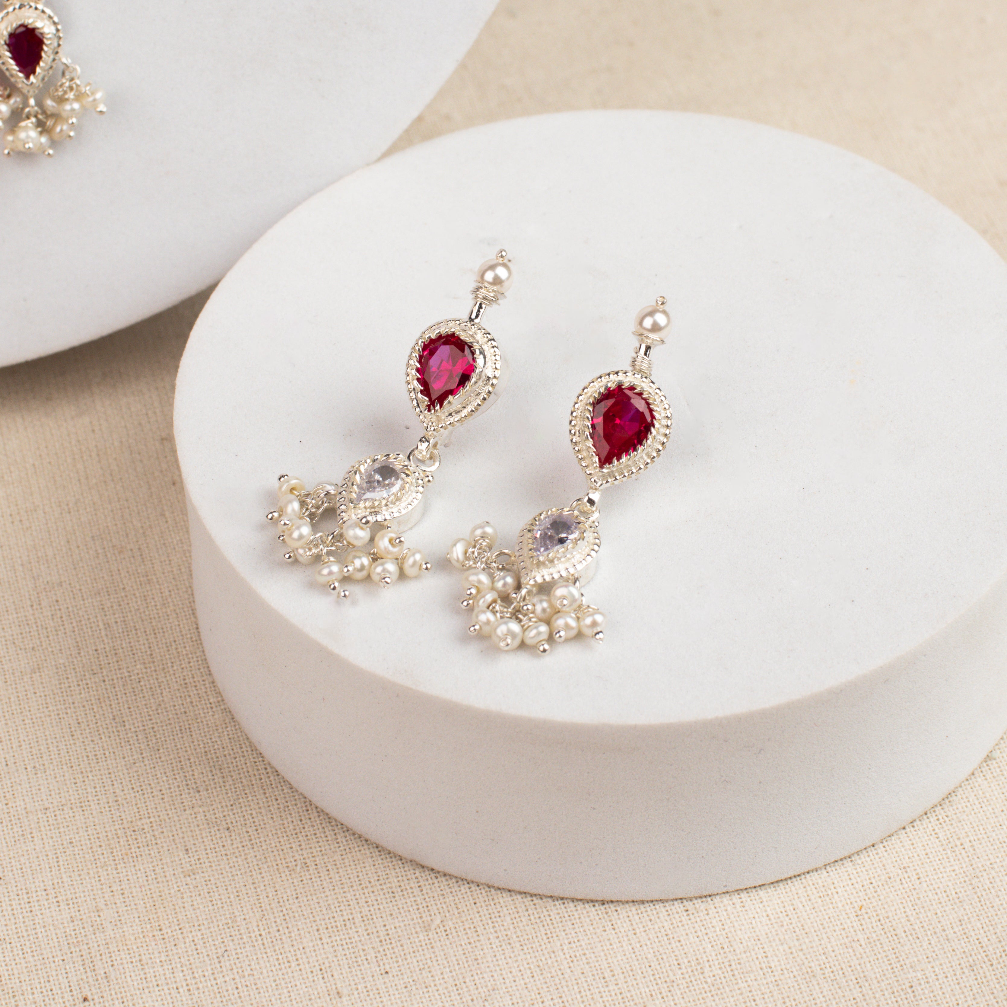Pink & White Tanmani Set with Lab-Made Ruby Stones