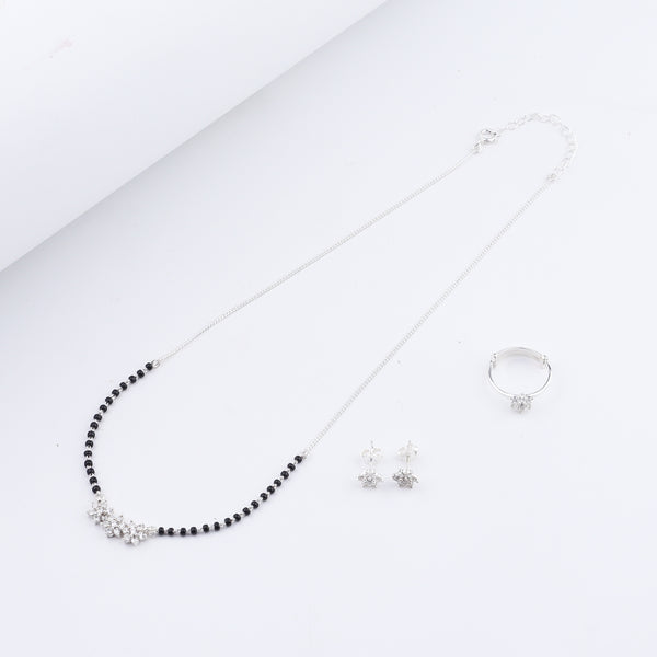 Angled view of Classic CZ Flower Motif Mangalsutra Set with Ring Small