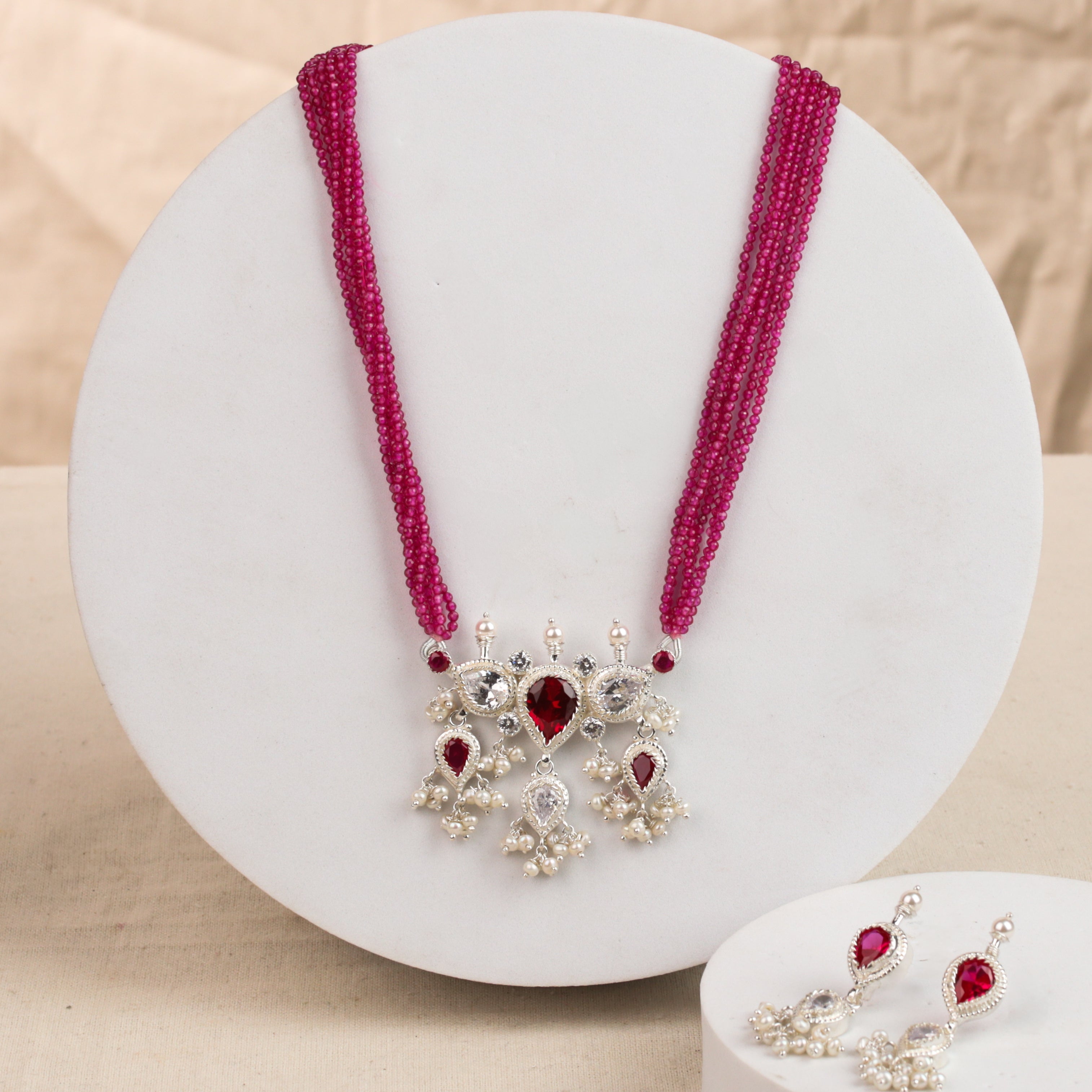 Pink & White Tanmani Set with Lab-Made Ruby Stones