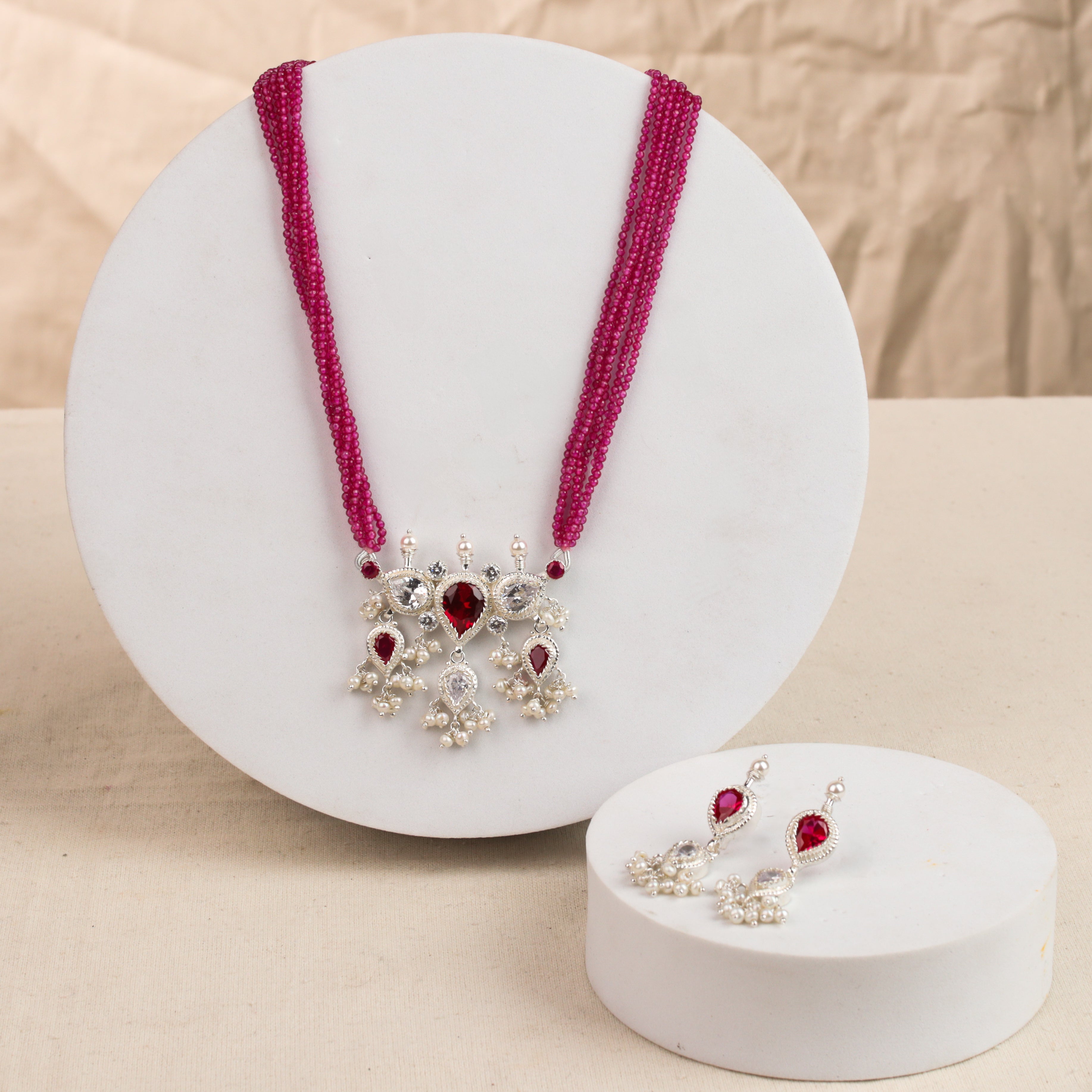 Pink & White Tanmani Set with Lab-Made Ruby Stones