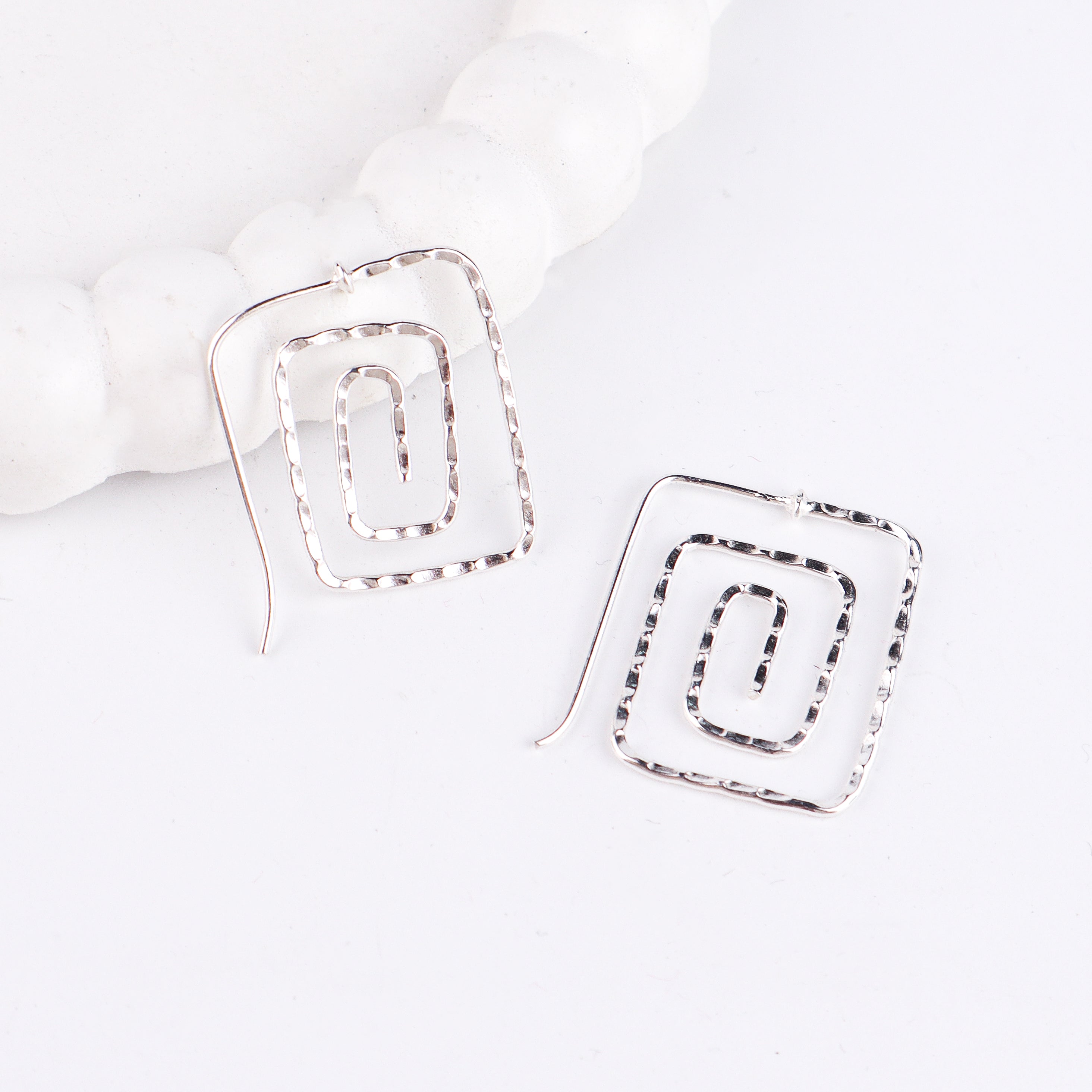 Silver Spiral Square Hammered Earrings