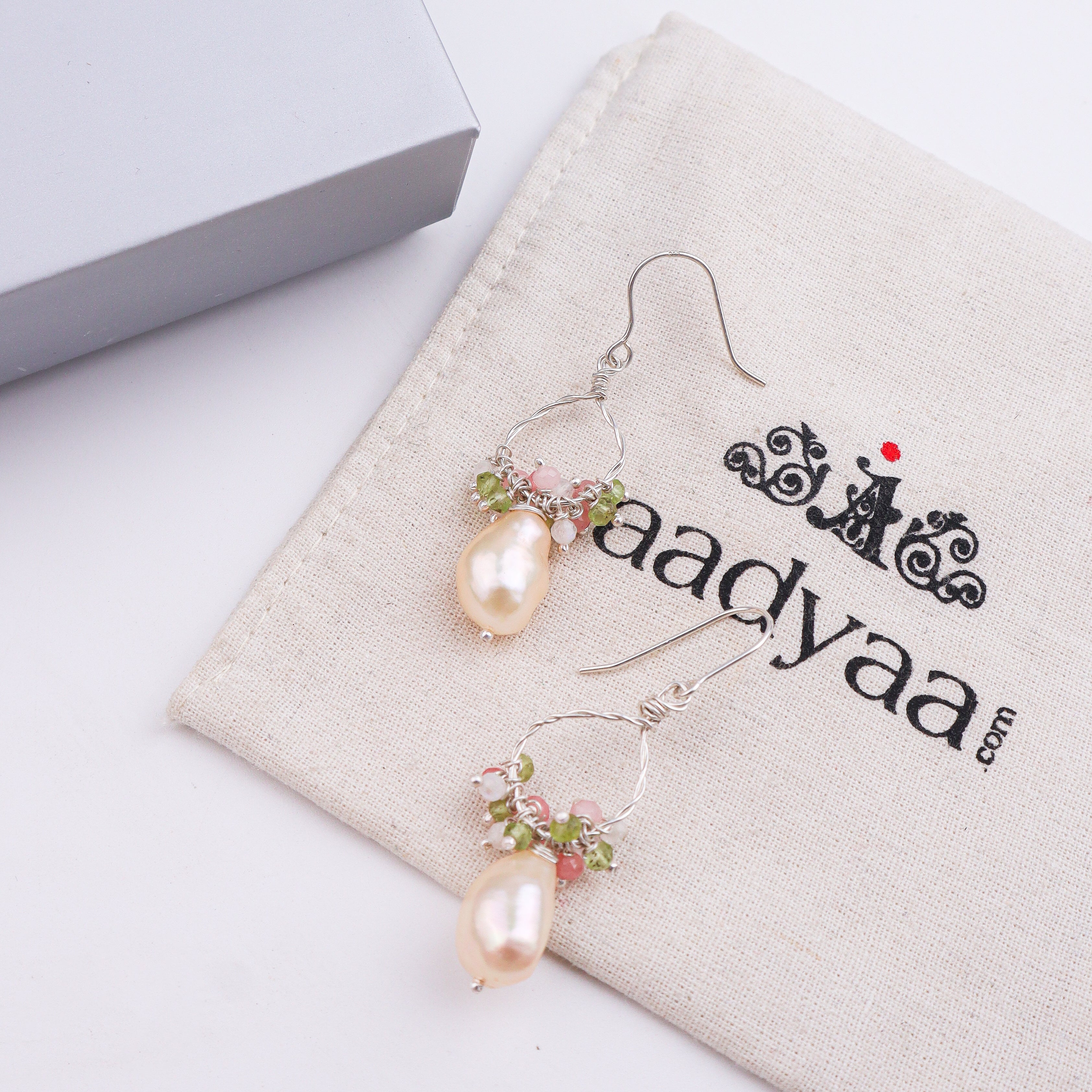 Freshwater Pearl, Rose Quartz & Peridot Silver Earrings (Project Handmade)