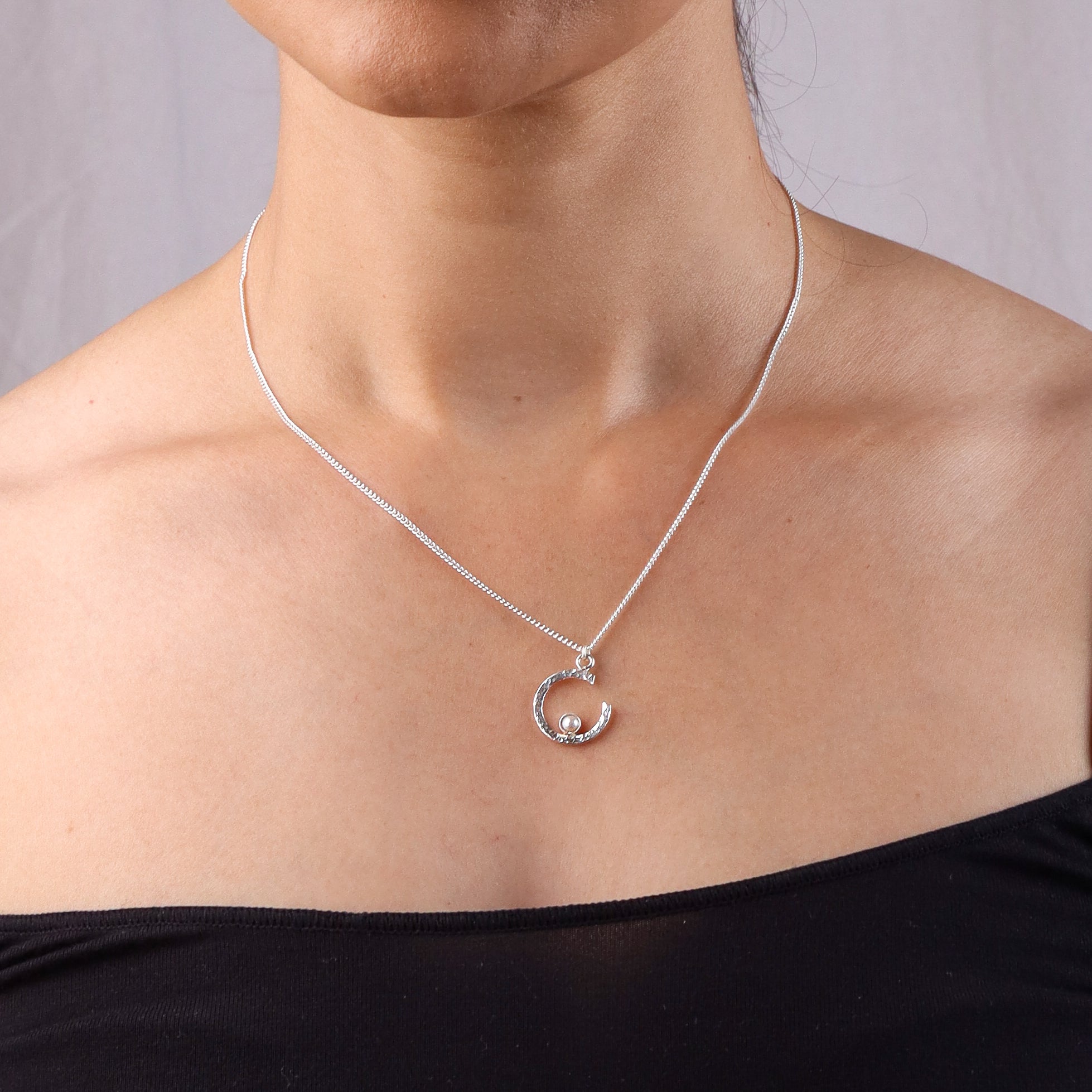 Sliver Semi-Circle and Pearl Necklace