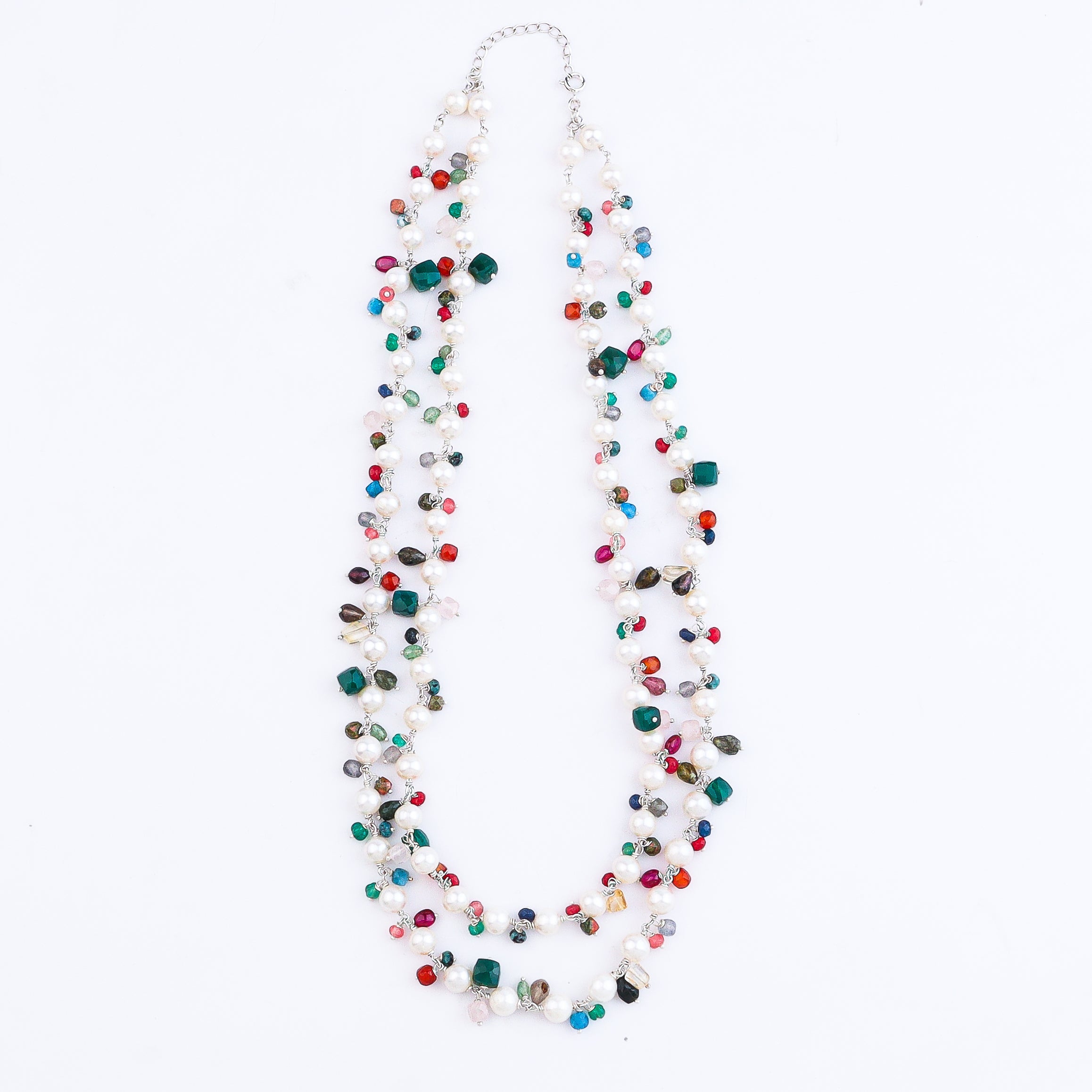 Layered multicolored pearl necklace on model's neck