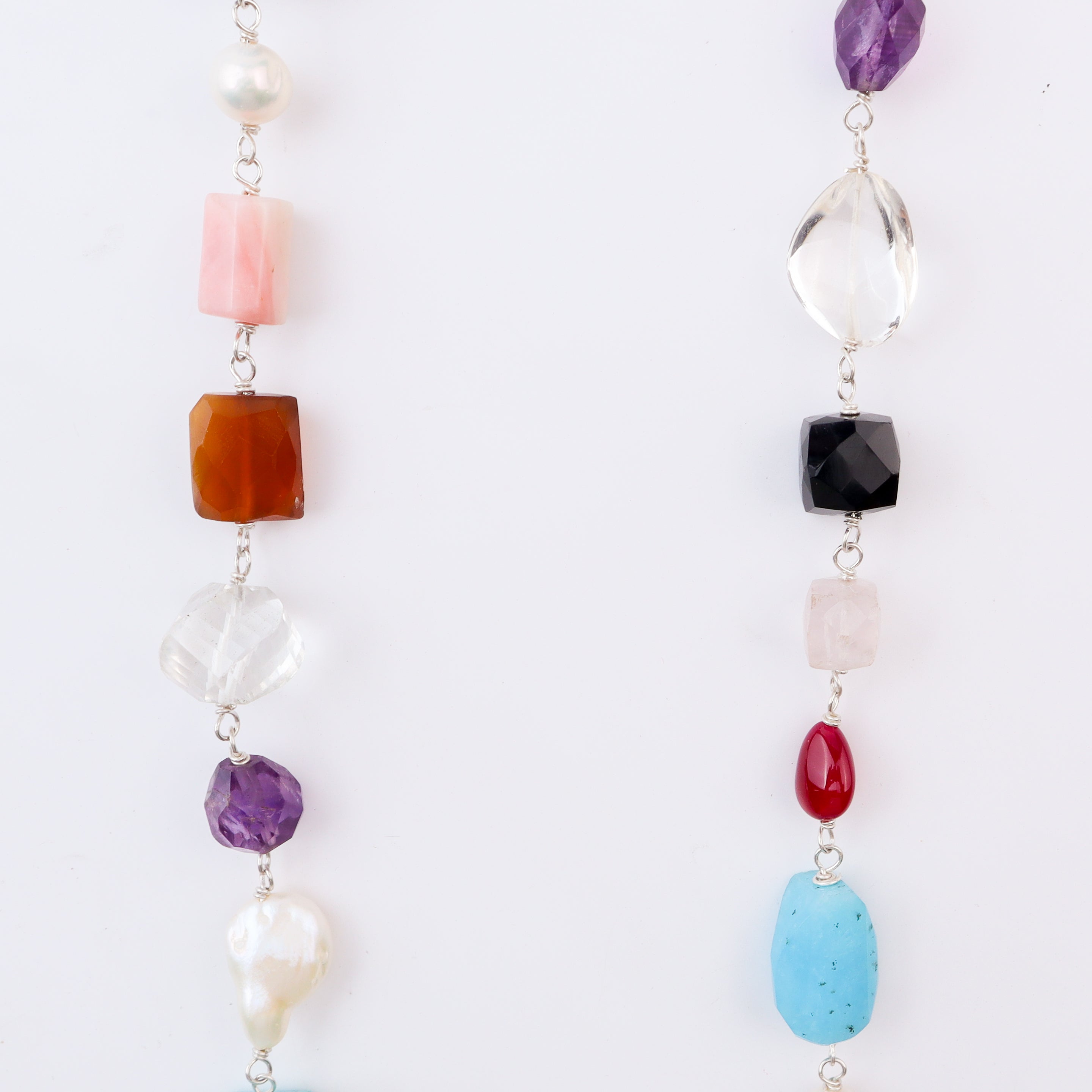 Beaded necklace with multicolour stones and silver chain