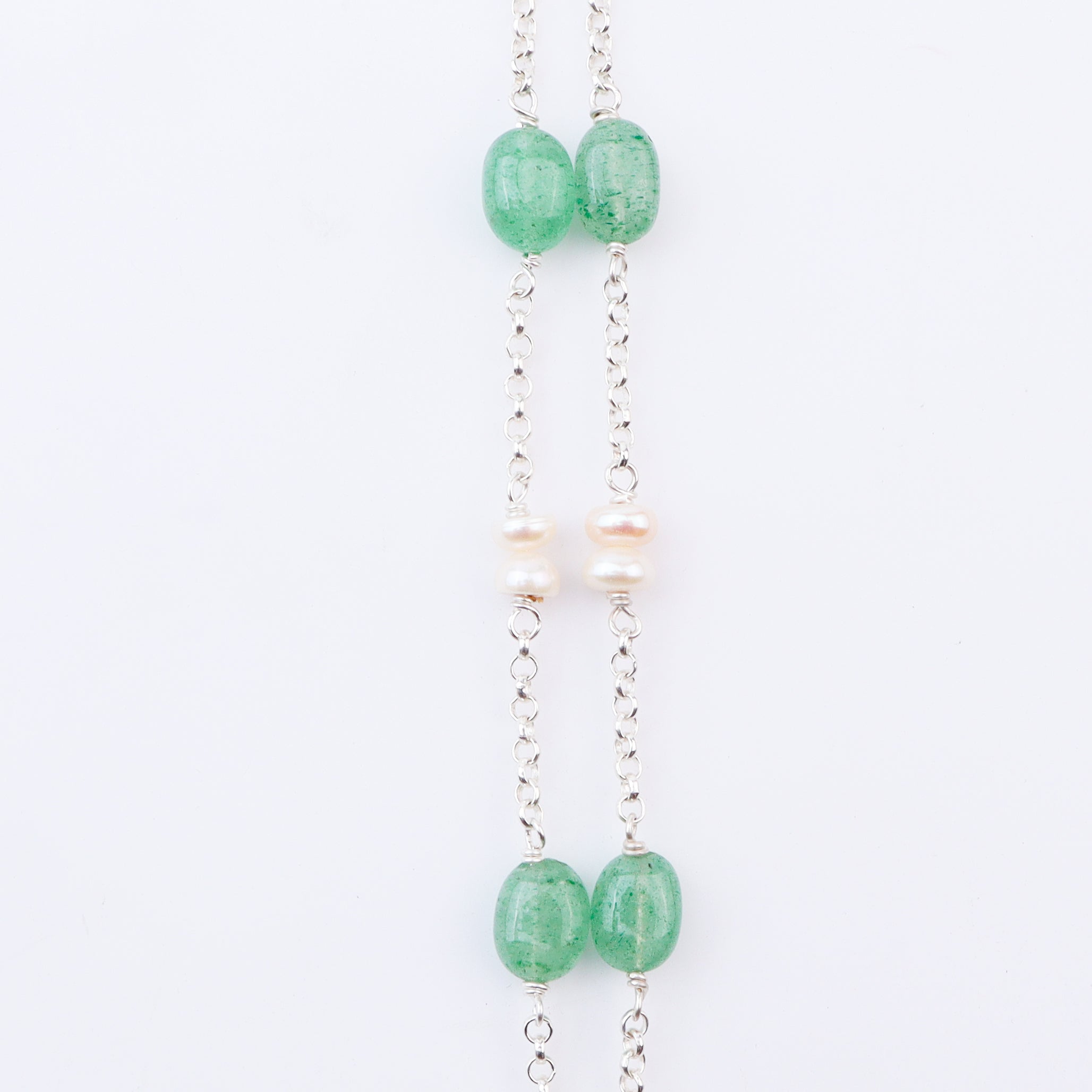 Silver necklace with green Russian Quartz and white freshwater pearls