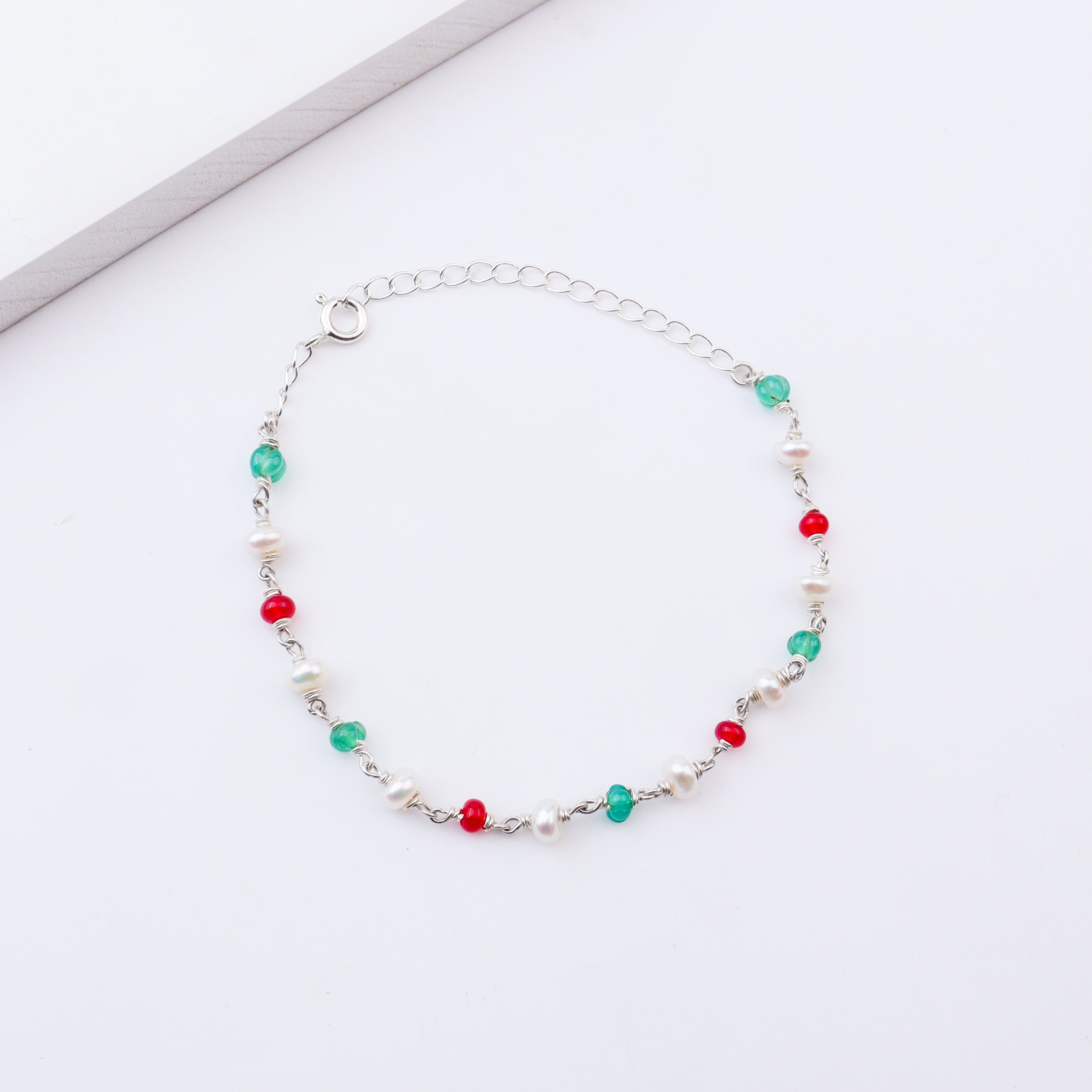 Silver Ganthan Bracelet with Rubies, Green Onyx & Freshwater Pearls